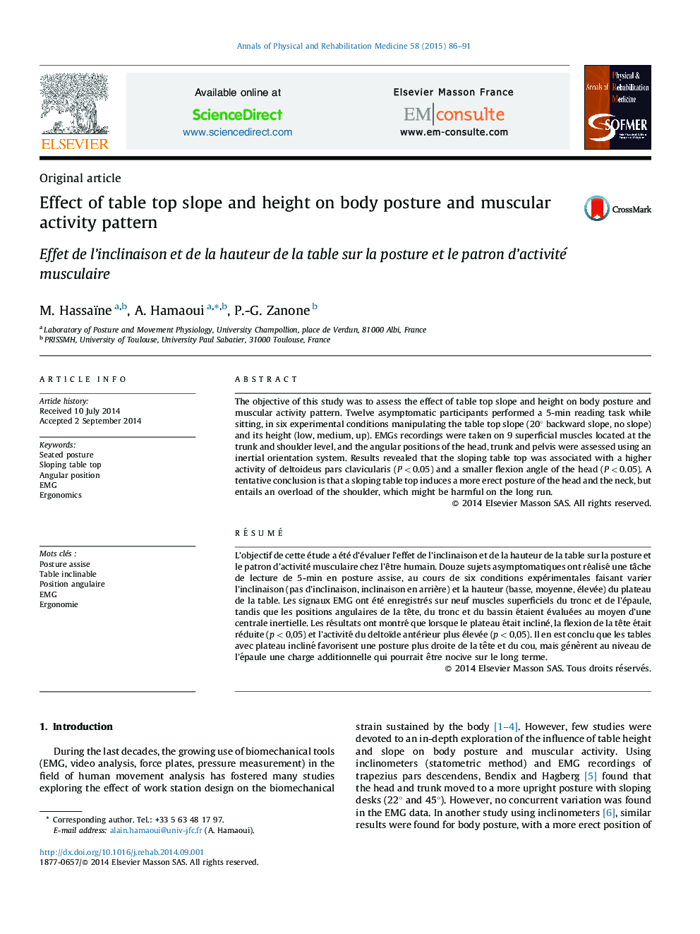 Effect of table top slope and height on body posture and muscular activity pattern