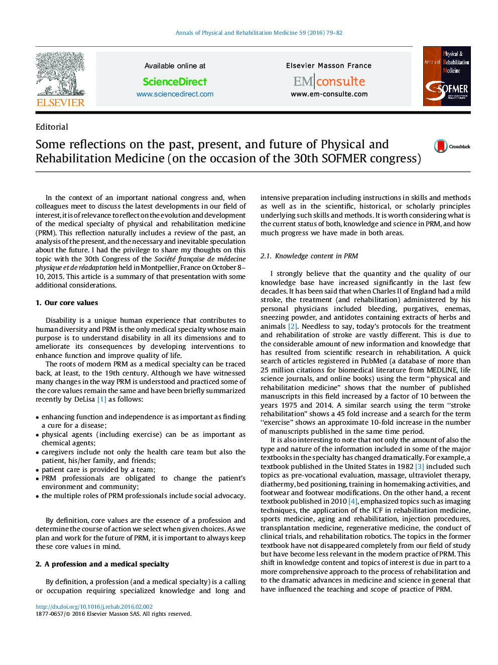 Some reflections on the past, present, and future of Physical and Rehabilitation Medicine (on the occasion of the 30th SOFMER congress)