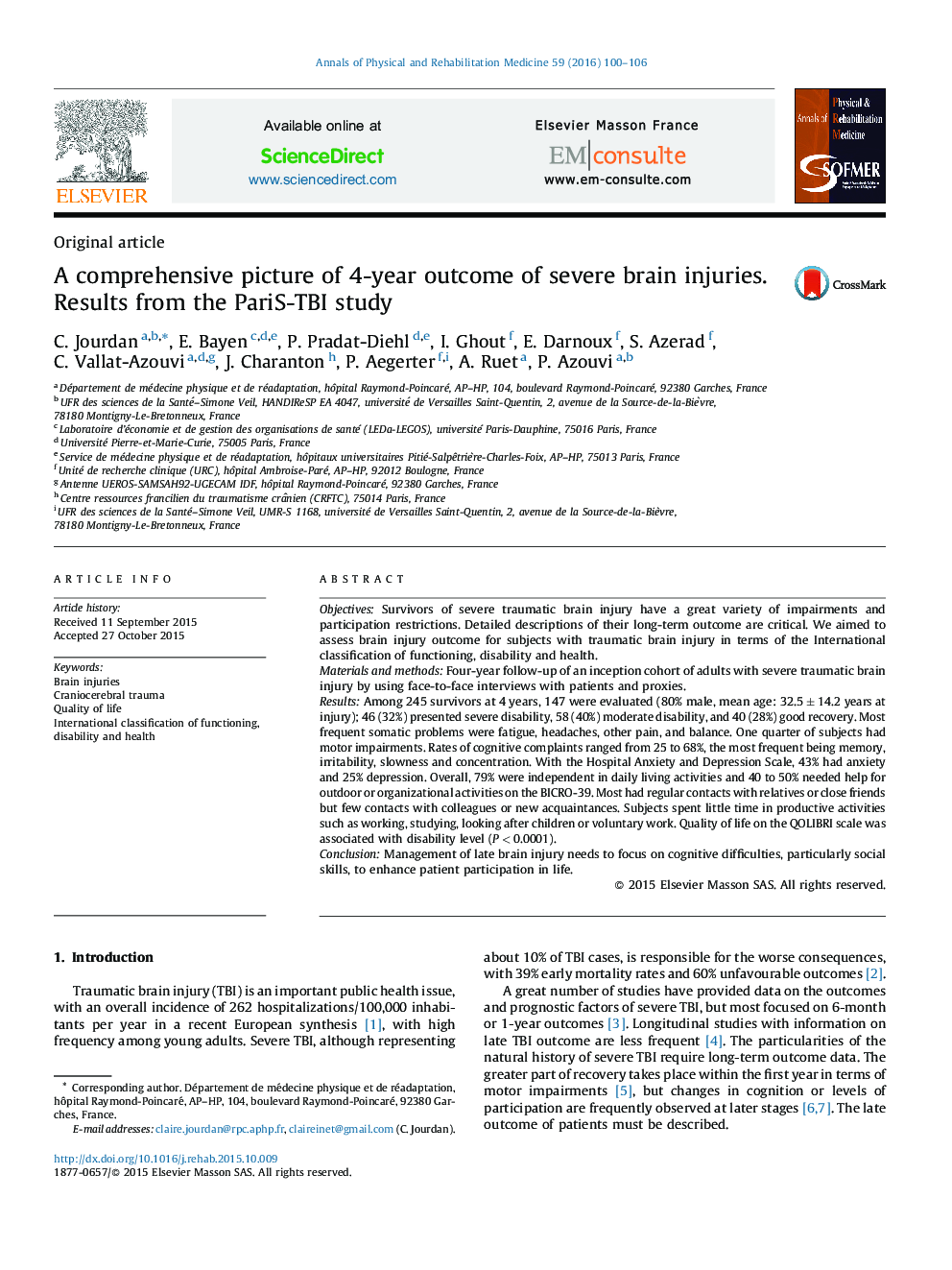 A comprehensive picture of 4-year outcome of severe brain injuries. Results from the PariS-TBI study