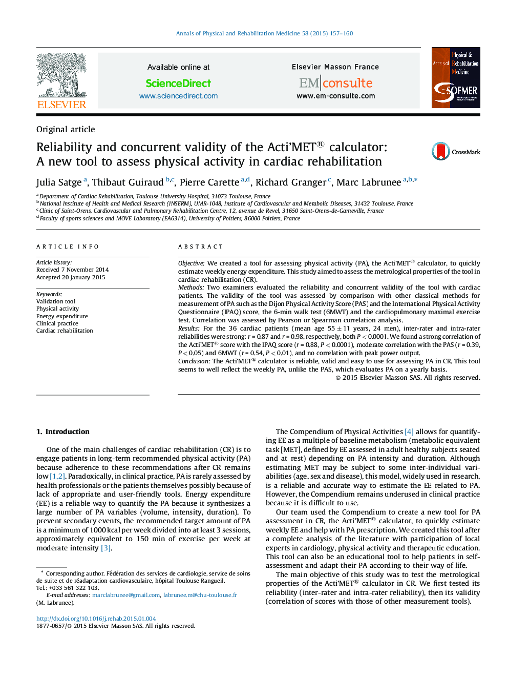 Reliability and concurrent validity of the Acti'MET® calculator: A new tool to assess physical activity in cardiac rehabilitation