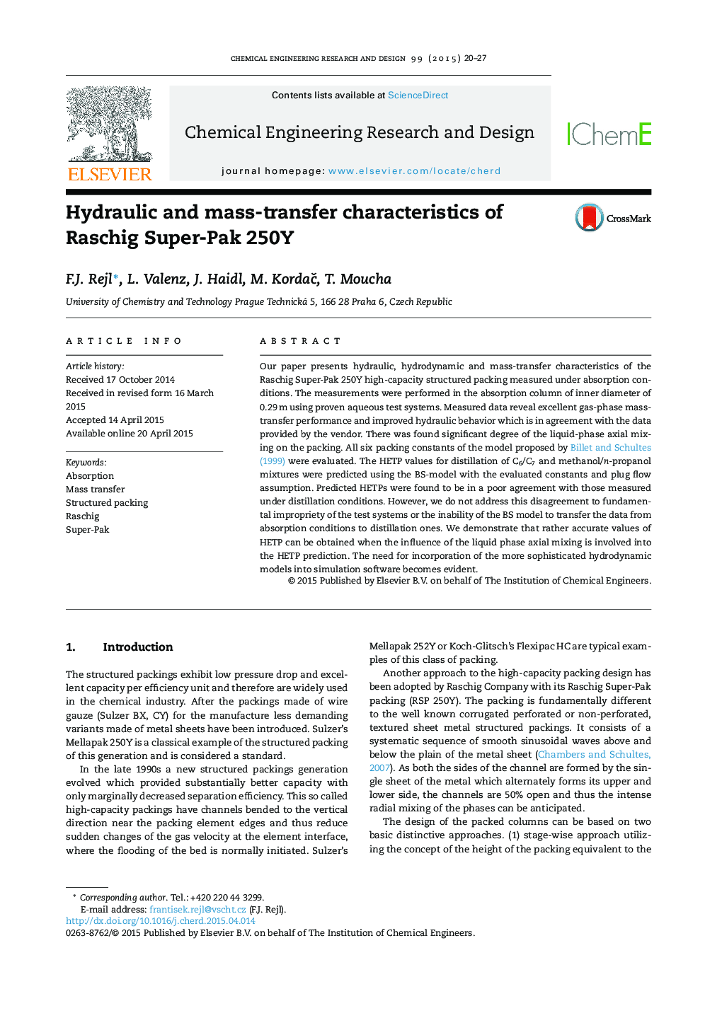 Hydraulic and mass-transfer characteristics of Raschig Super-Pak 250Y