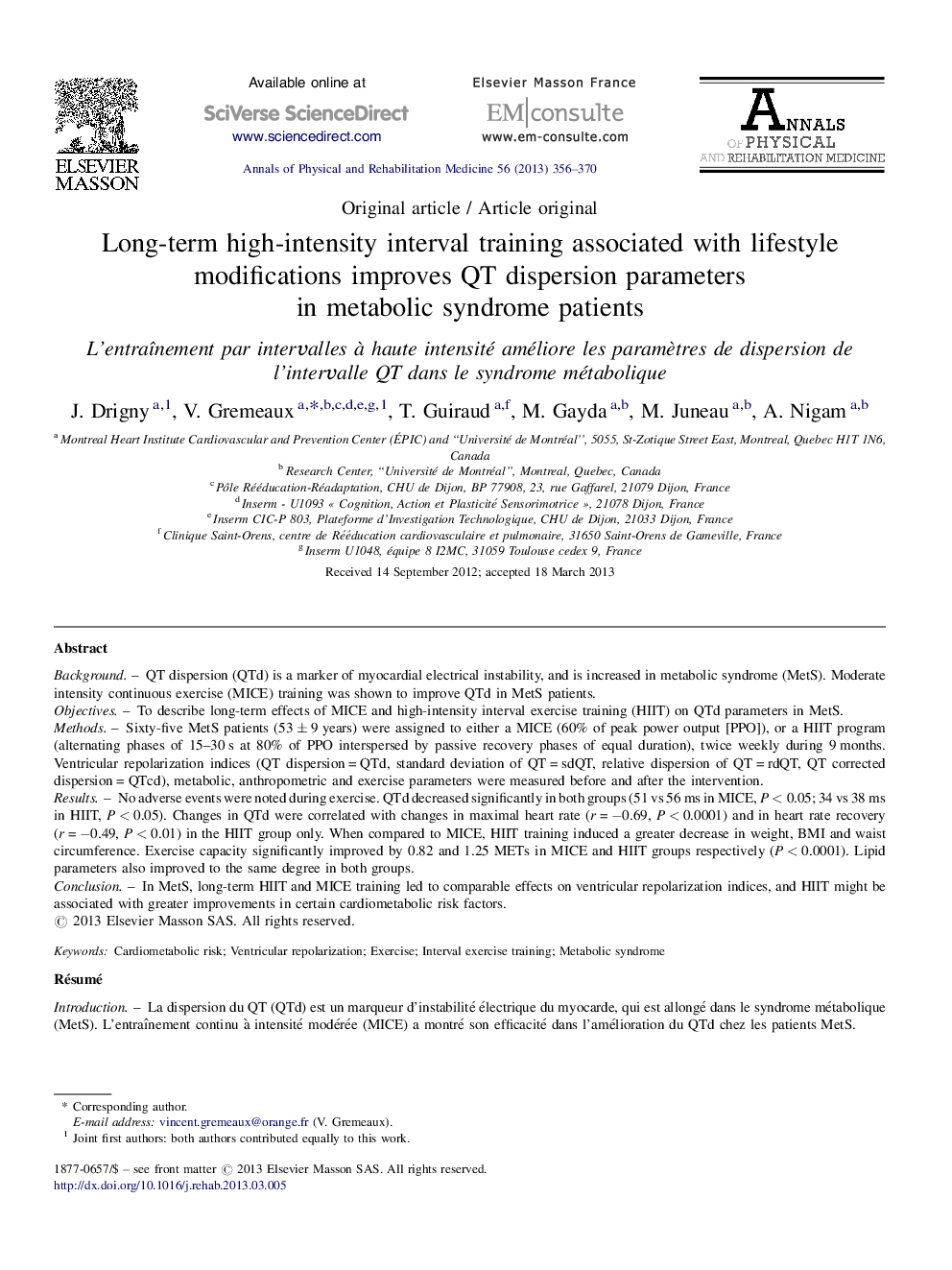 Long-term high-intensity interval training associated with lifestyle modifications improves QT dispersion parameters in metabolic syndrome patients