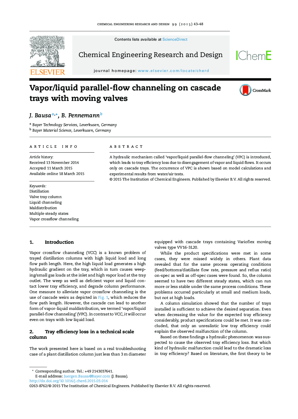 Vapor/liquid parallel-flow channeling on cascade trays with moving valves