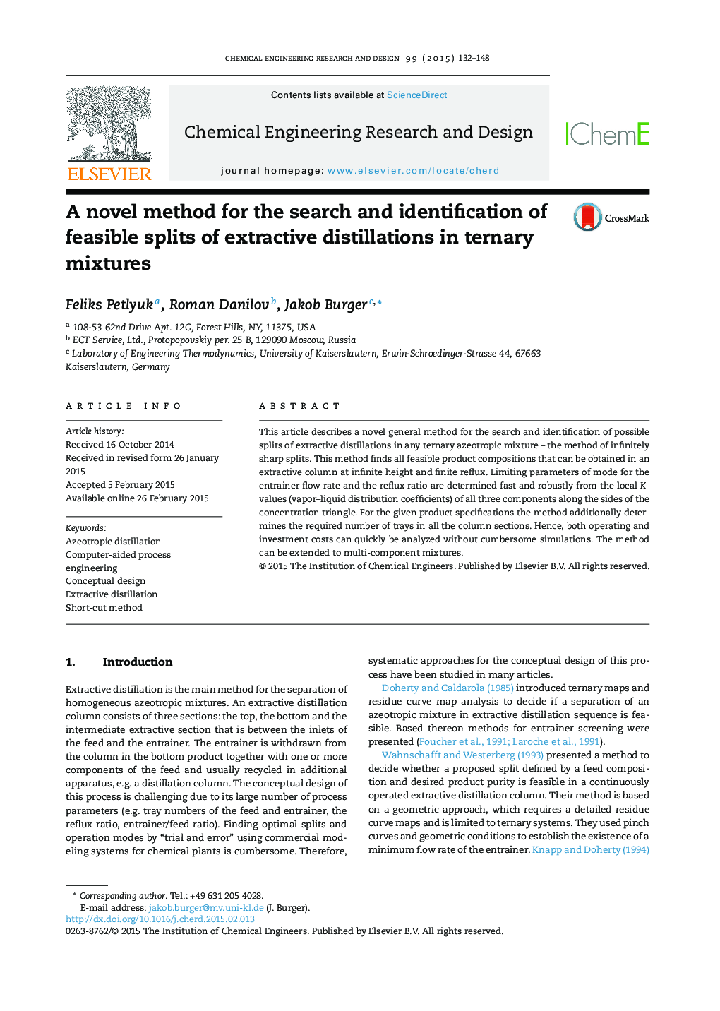 A novel method for the search and identification of feasible splits of extractive distillations in ternary mixtures