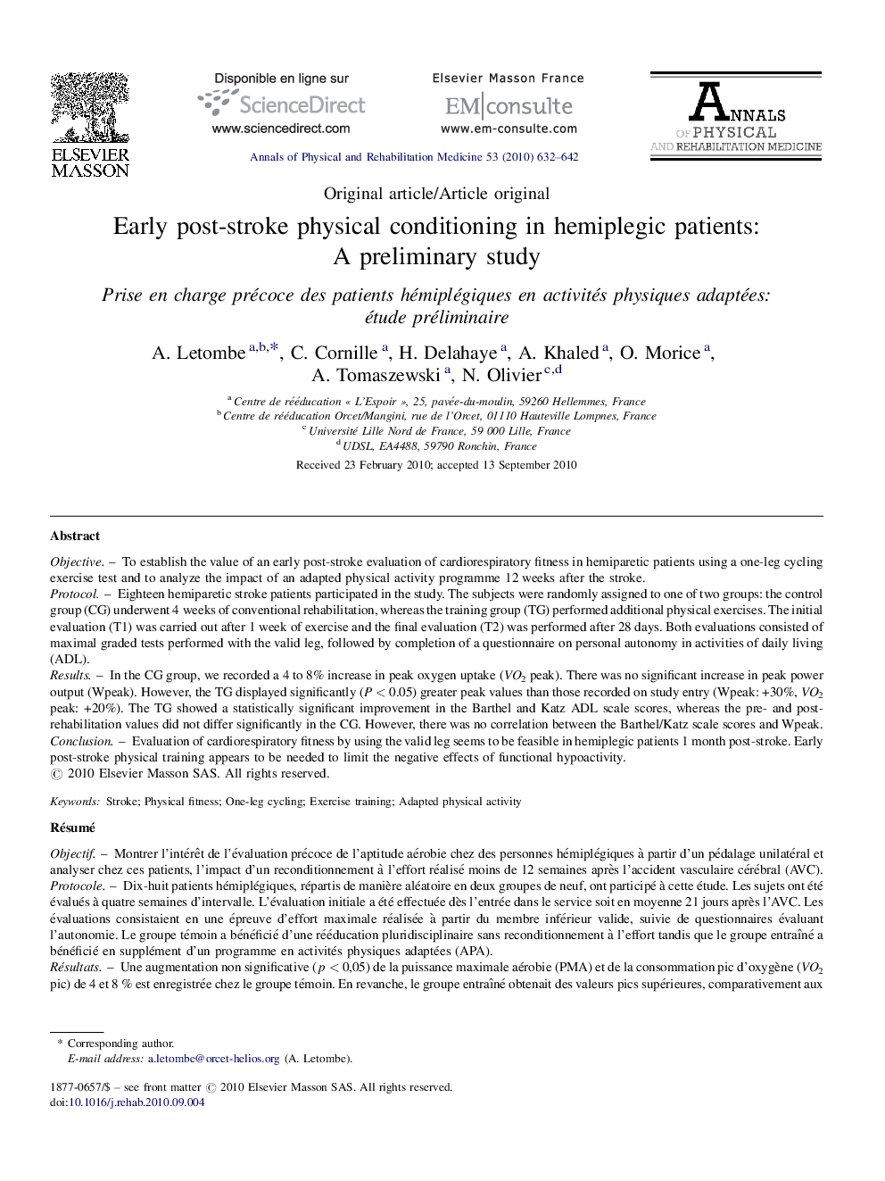 Early post-stroke physical conditioning in hemiplegic patients: A preliminary study