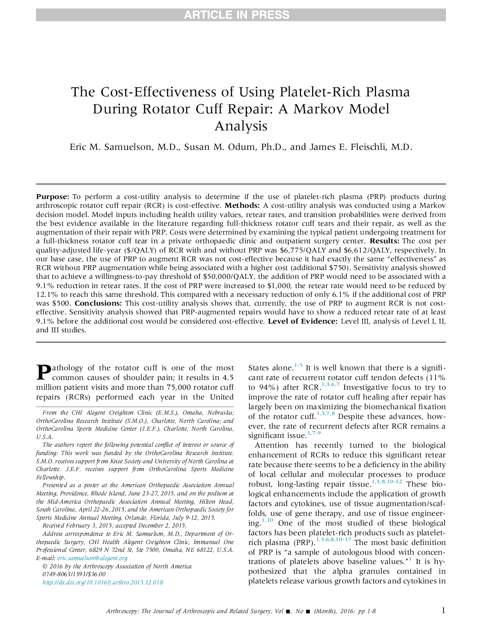 اثربخشی هزینه استفاده از پلاسما غنی از پلاکتی در طول تعمیر روتاتور کاف: یک مدل تحلیل مارکف 