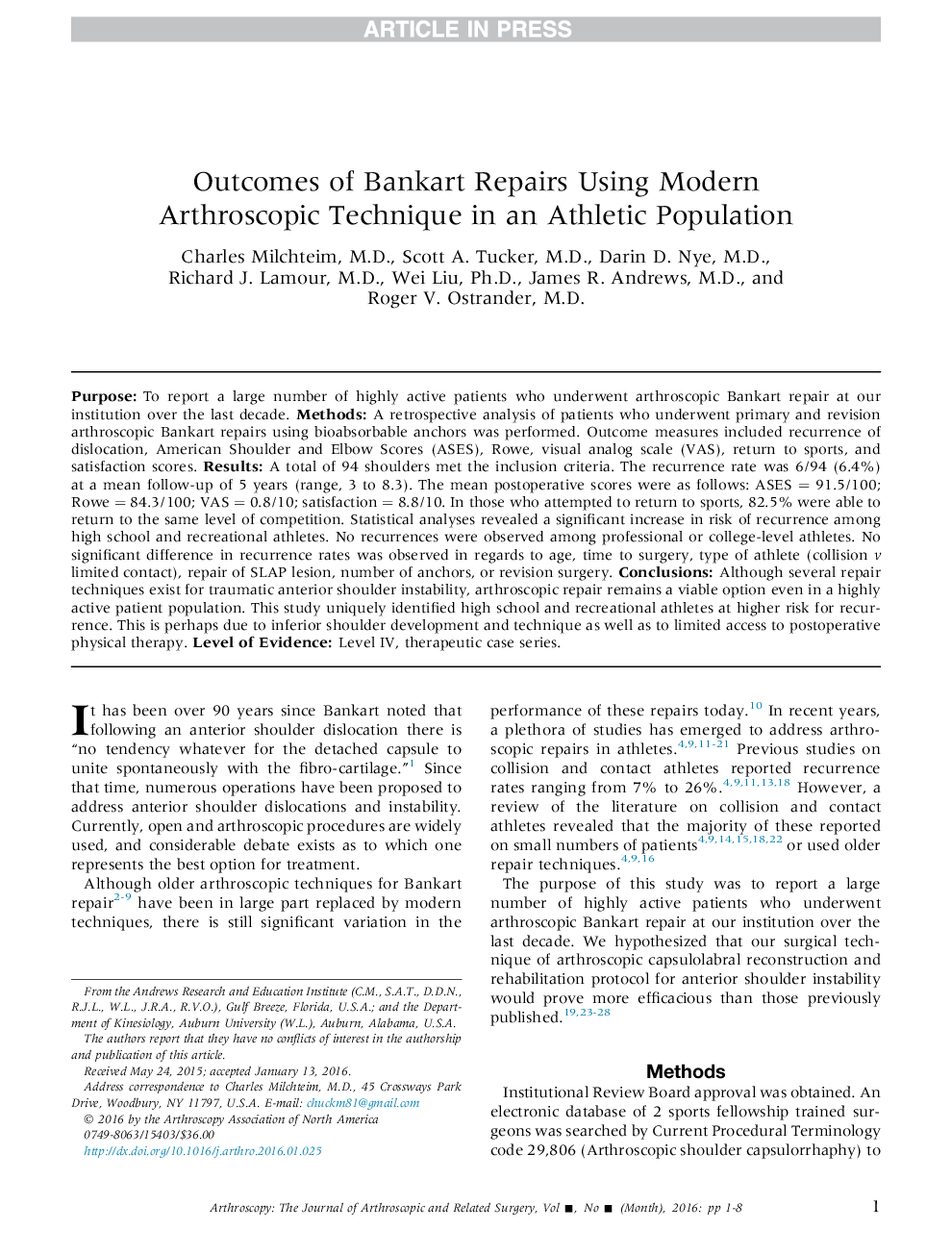 Outcomes of Bankart Repairs Using Modern Arthroscopic Technique in an Athletic Population