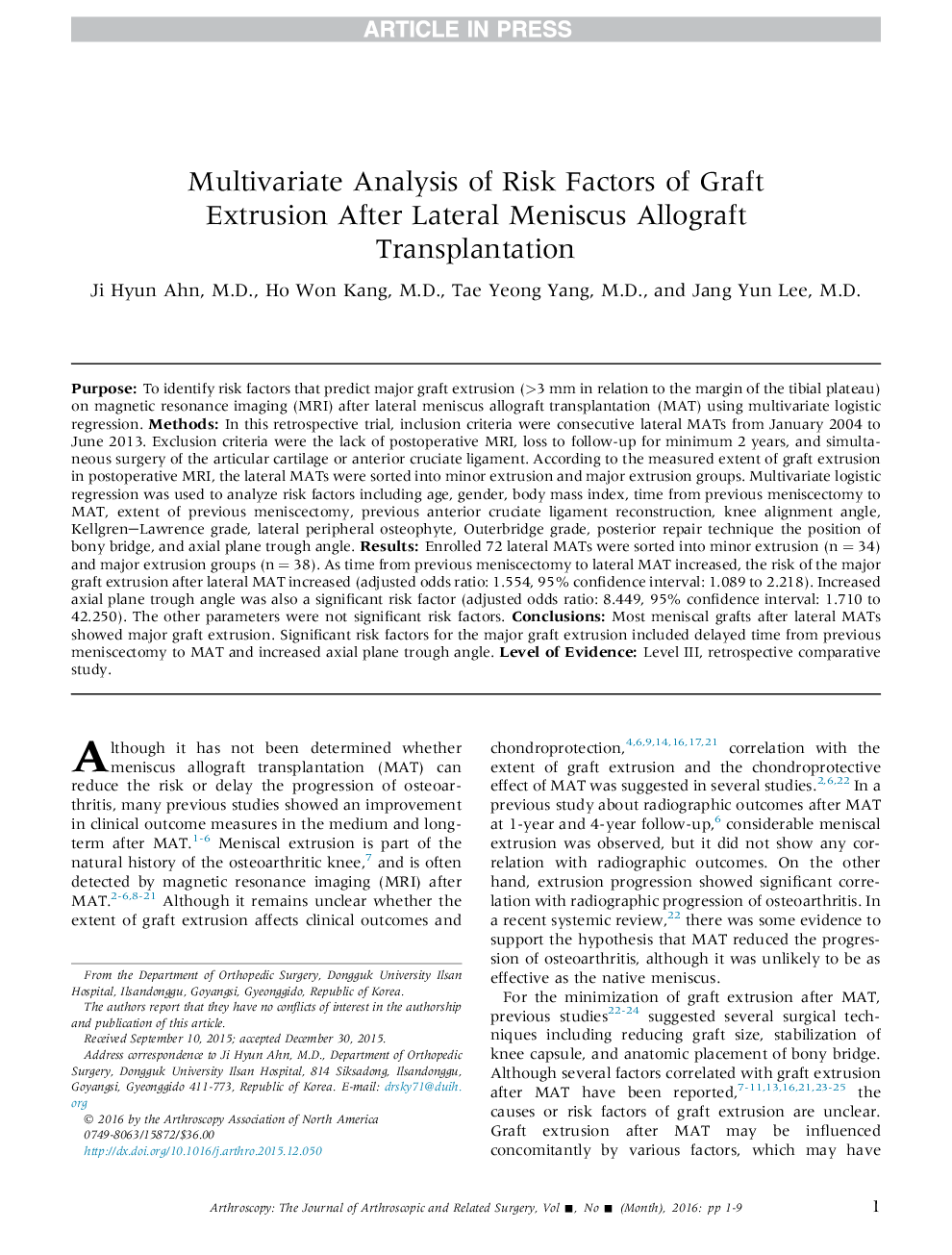 Multivariate Analysis of Risk Factors of Graft Extrusion After Lateral Meniscus Allograft Transplantation