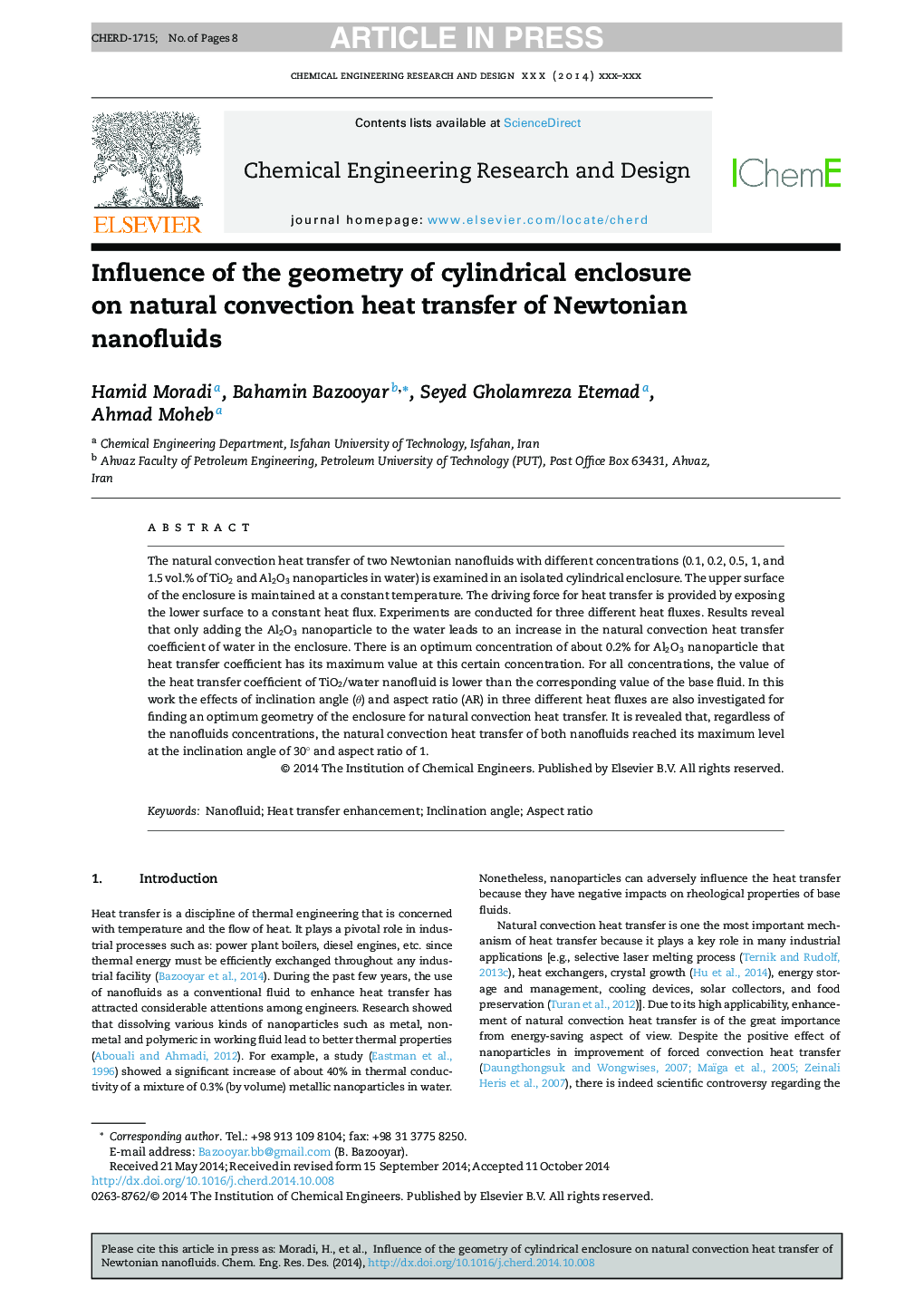 Influence of the geometry of cylindrical enclosure on natural convection heat transfer of Newtonian nanofluids