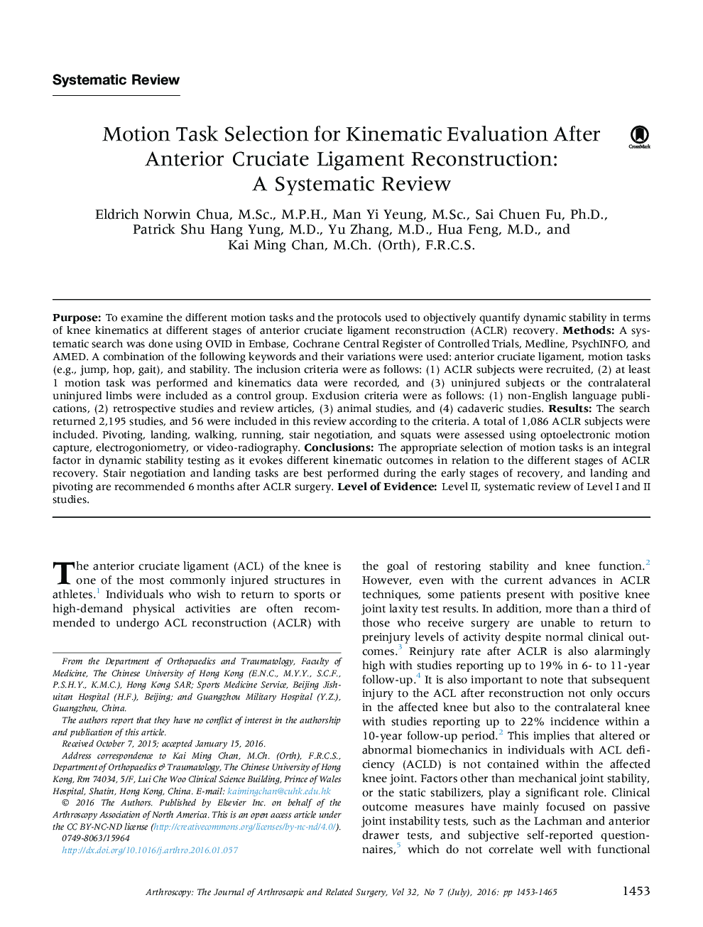 Motion Task Selection for Kinematic Evaluation After Anterior Cruciate Ligament Reconstruction: A Systematic Review