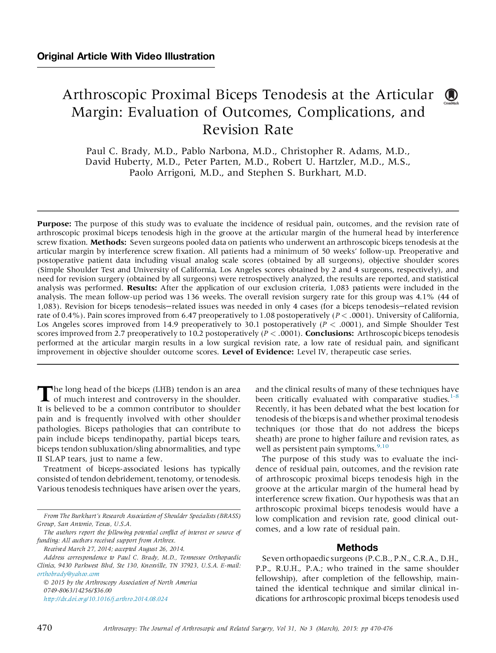 Arthroscopic Proximal Biceps Tenodesis at the Articular Margin: Evaluation of Outcomes, Complications, and RevisionÂ Rate