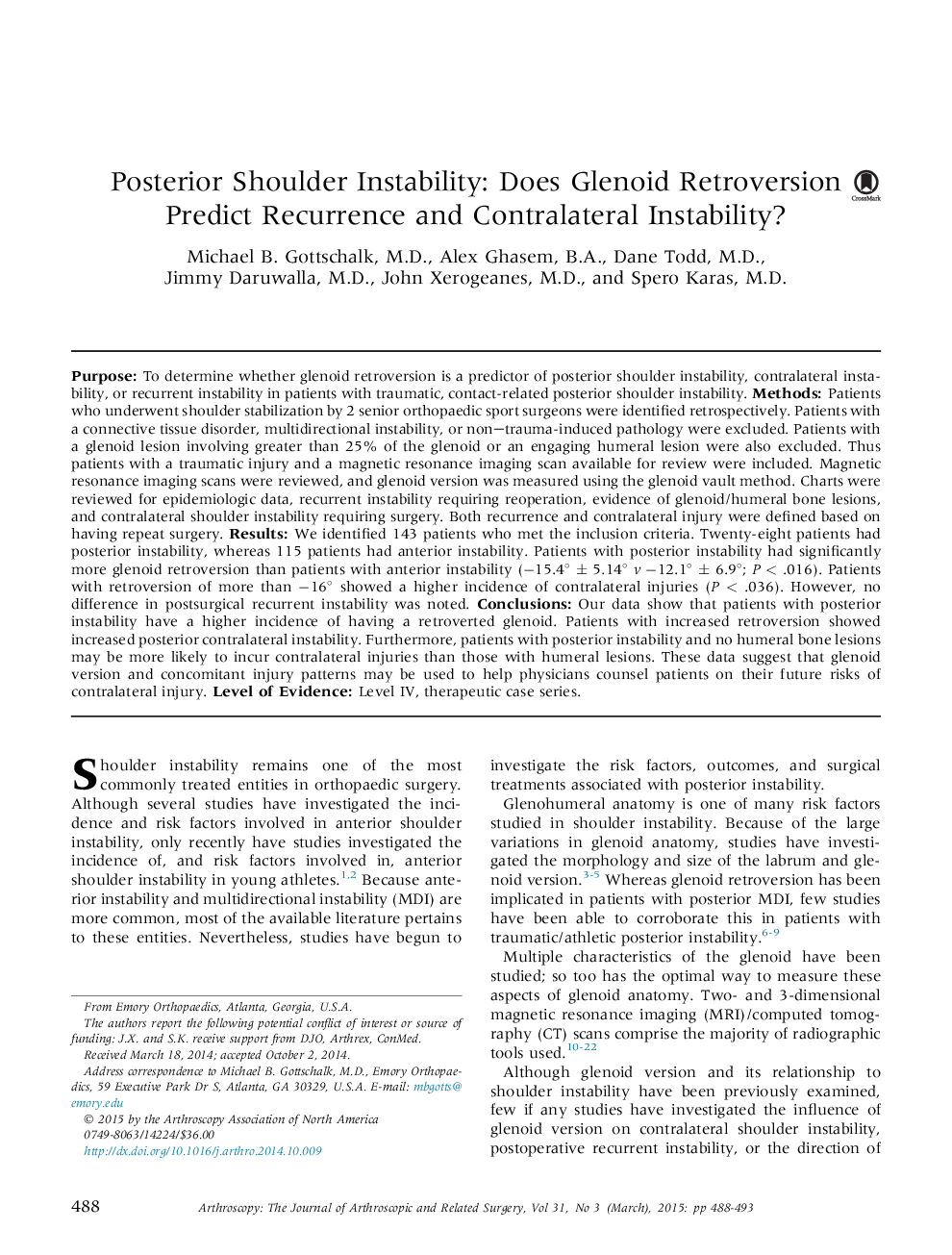 Posterior Shoulder Instability: Does Glenoid Retroversion Predict Recurrence and Contralateral Instability?