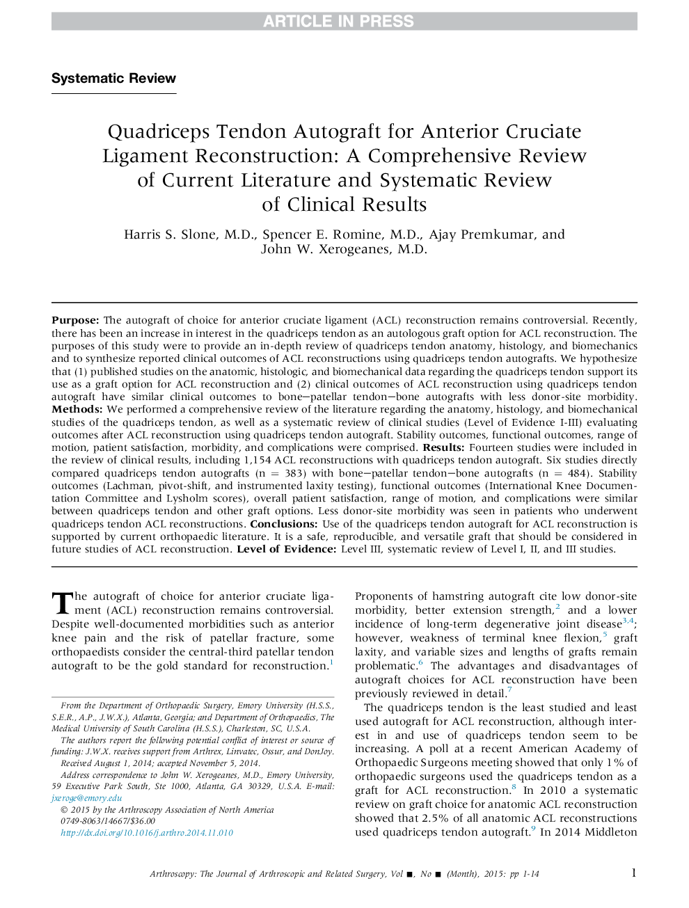 Quadriceps Tendon Autograft for Anterior Cruciate Ligament Reconstruction: A Comprehensive Review of Current Literature and Systematic Review of Clinical Results