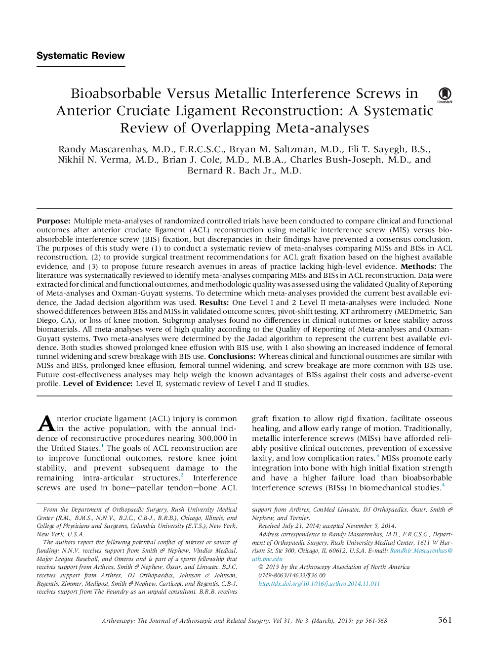 Bioabsorbable Versus Metallic Interference Screws in AnteriorÂ Cruciate Ligament Reconstruction: A Systematic Review of Overlapping Meta-analyses