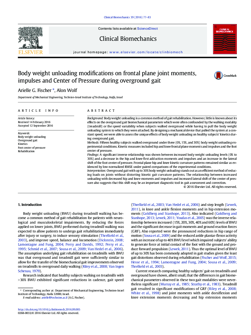 Body weight unloading modifications on frontal plane joint moments, impulses and Center of Pressure during overground gait