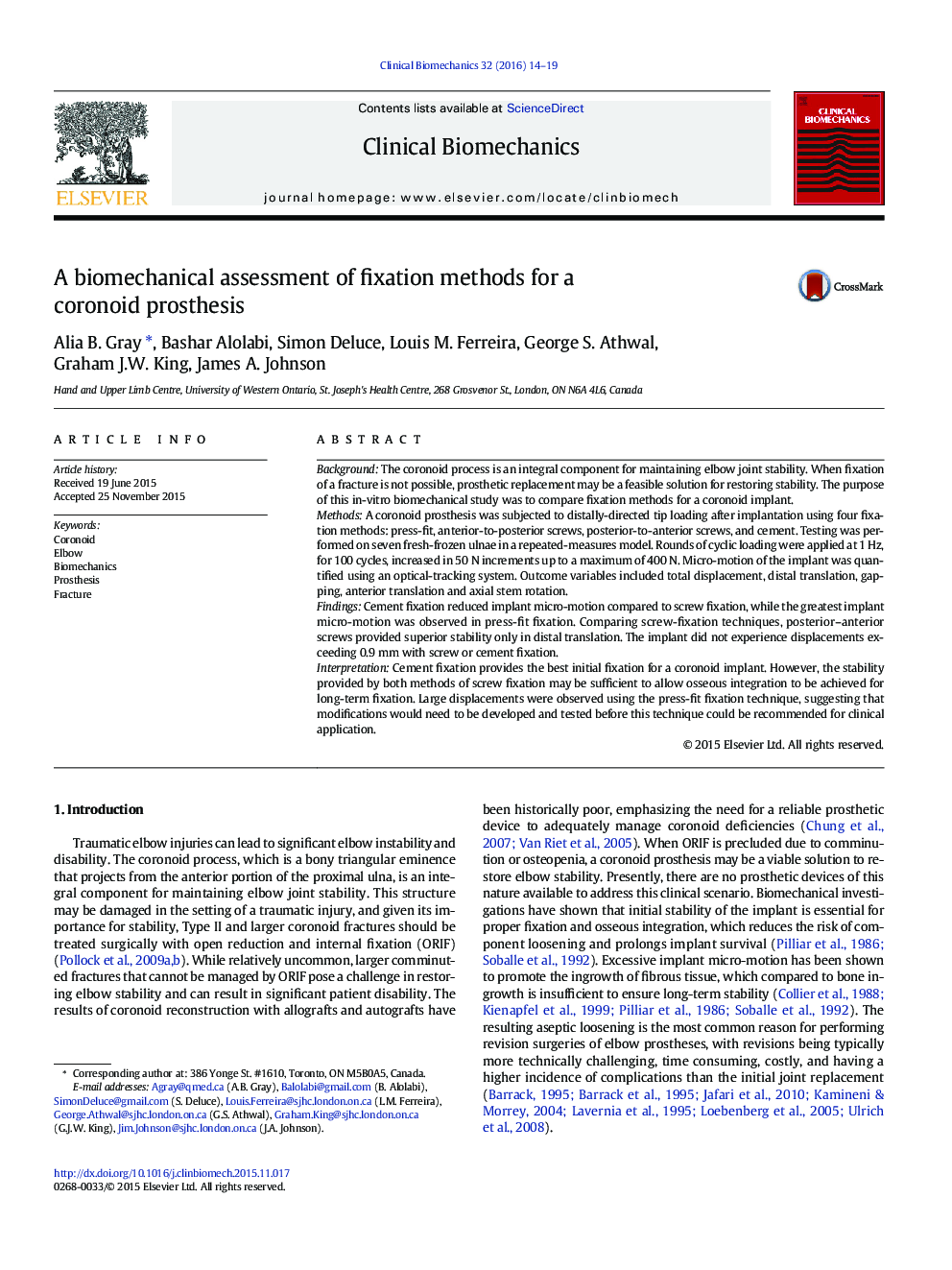 A biomechanical assessment of fixation methods for a coronoid prosthesis