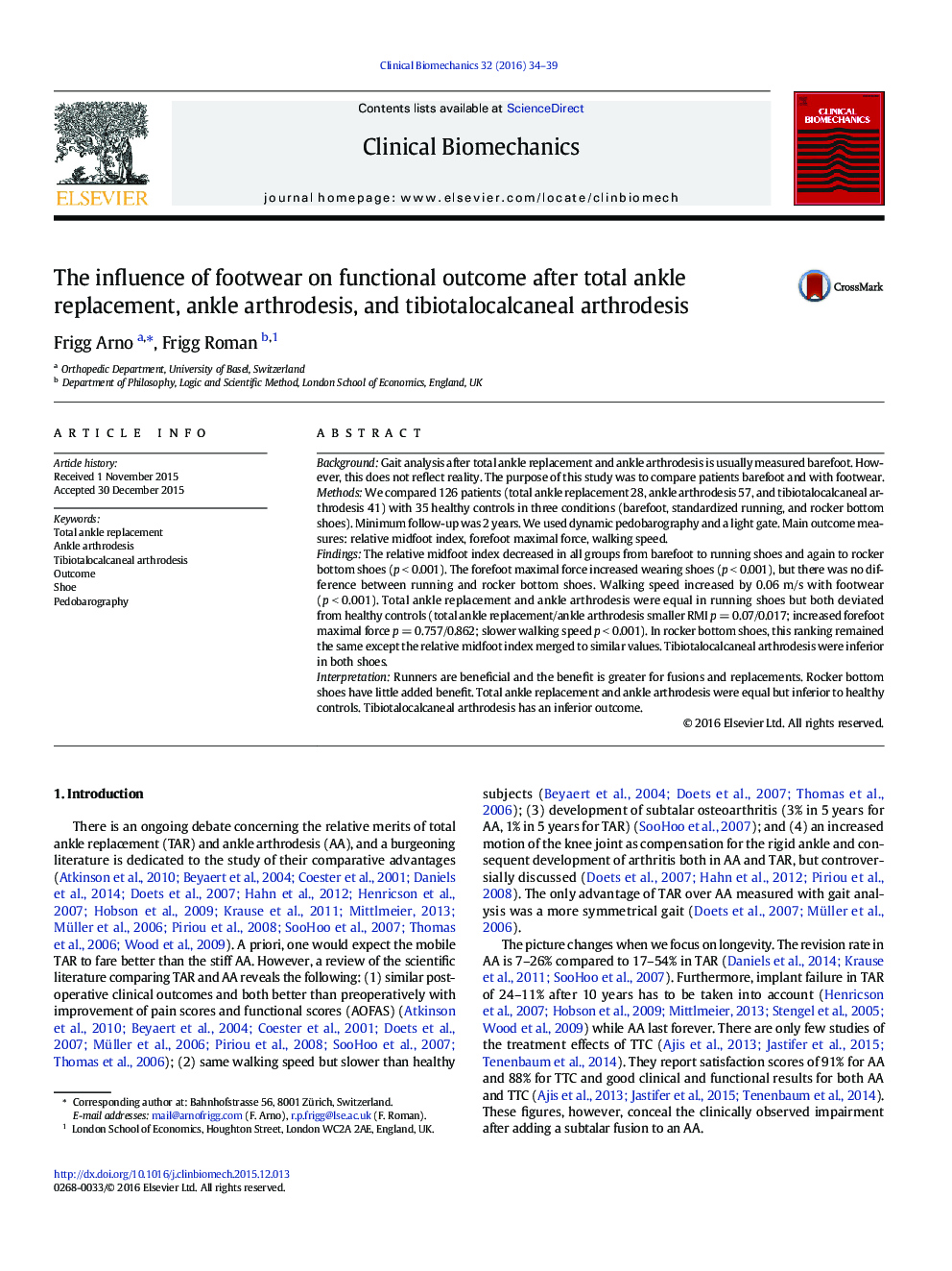 The influence of footwear on functional outcome after total ankle replacement, ankle arthrodesis, and tibiotalocalcaneal arthrodesis