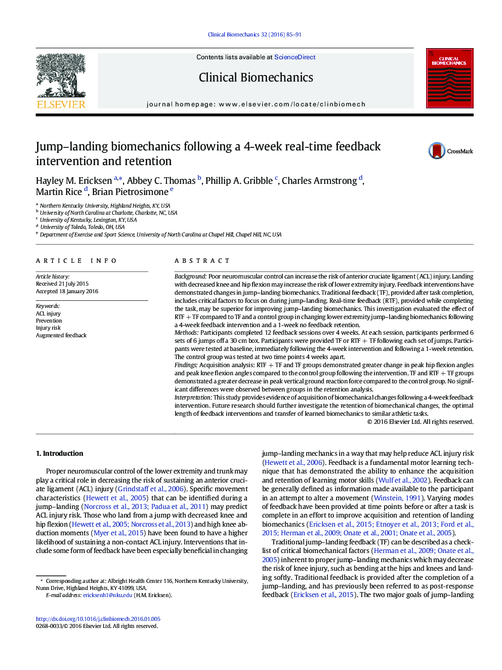 Jump-landing biomechanics following a 4-week real-time feedback intervention and retention