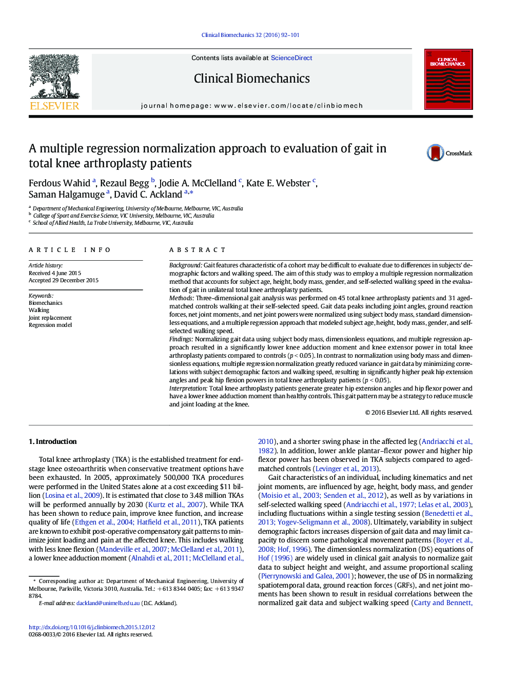 A multiple regression normalization approach to evaluation of gait in total knee arthroplasty patients