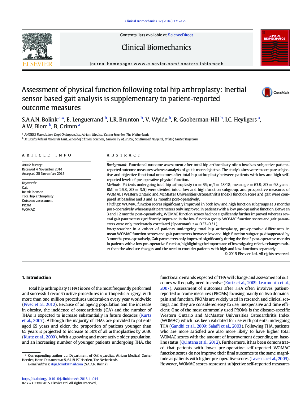 Assessment of physical function following total hip arthroplasty: Inertial sensor based gait analysis is supplementary to patient-reported outcome measures