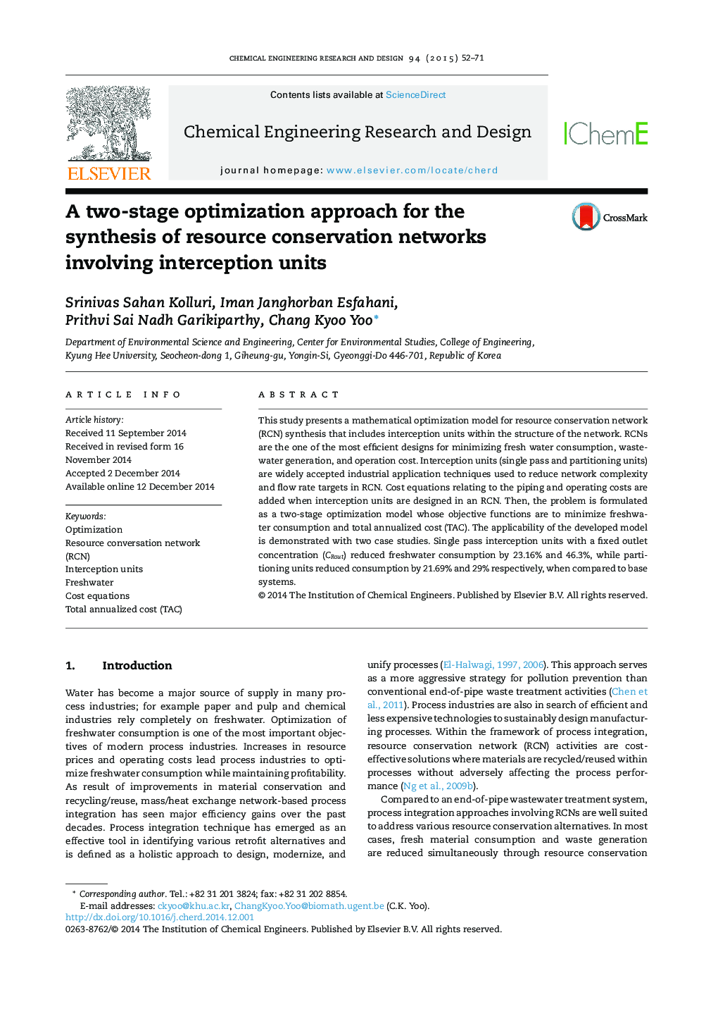 A two-stage optimization approach for the synthesis of resource conservation networks involving interception units