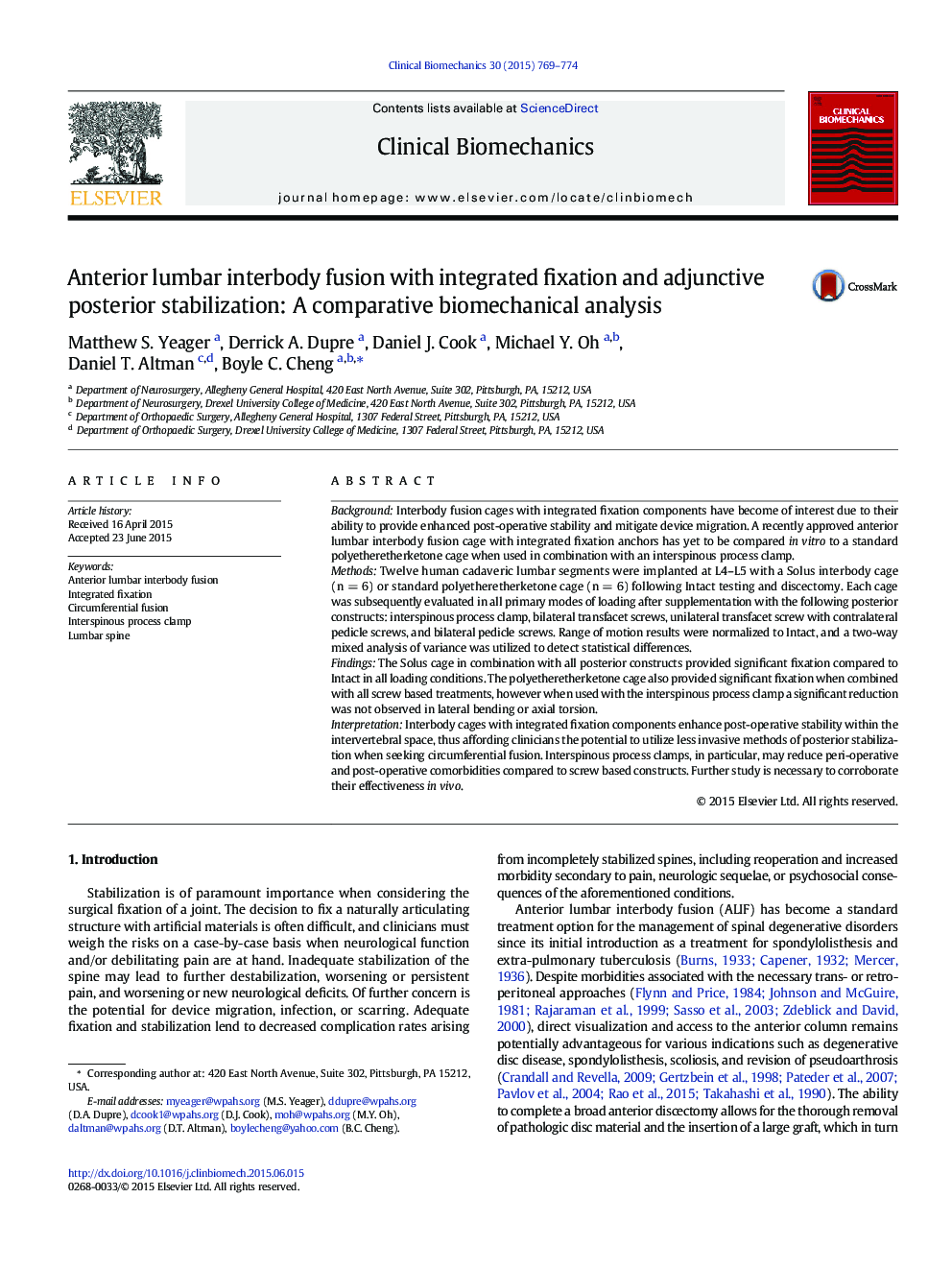 Anterior lumbar interbody fusion with integrated fixation and adjunctive posterior stabilization: A comparative biomechanical analysis