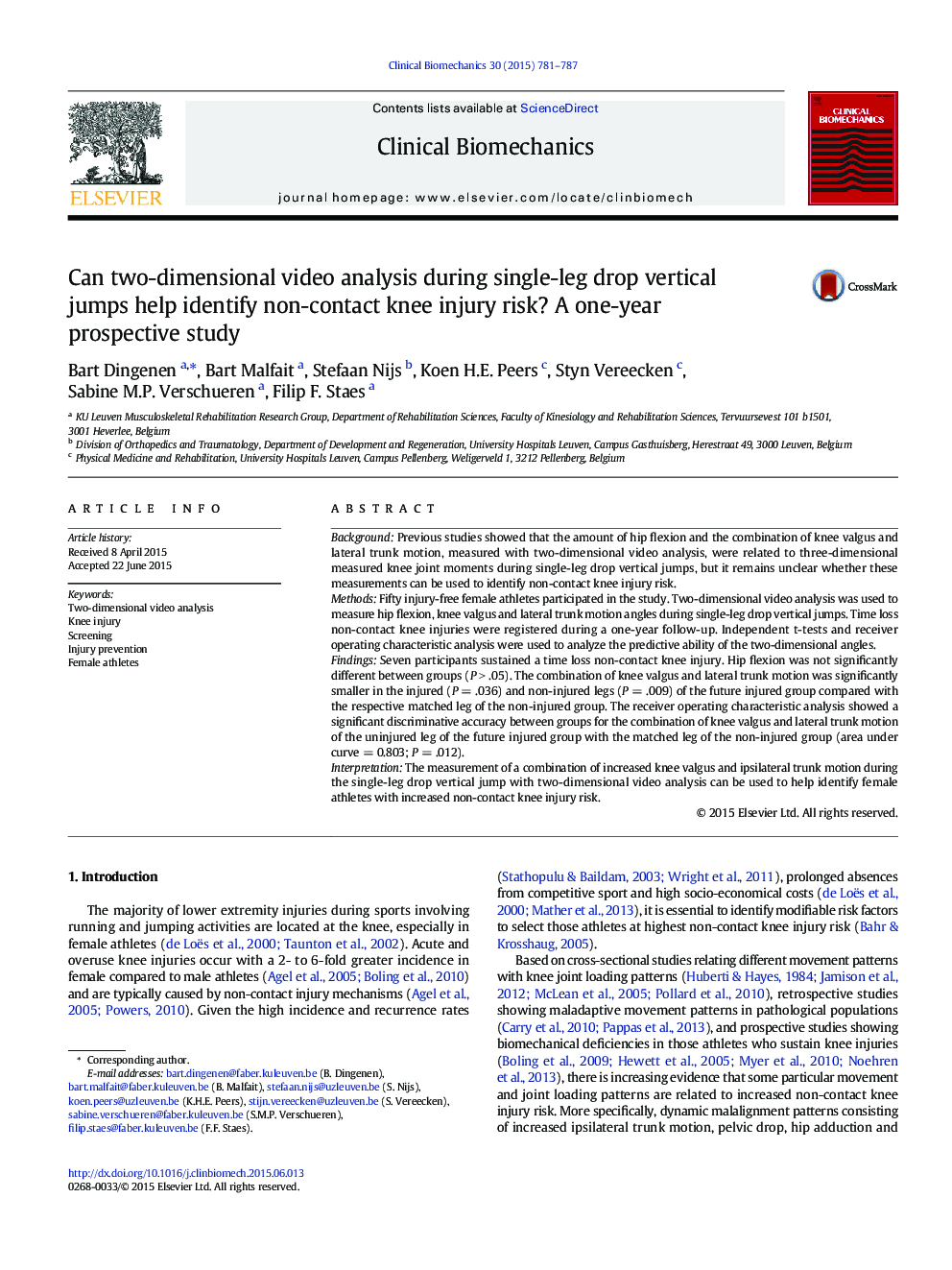 Can two-dimensional video analysis during single-leg drop vertical jumps help identify non-contact knee injury risk? A one-year prospective study