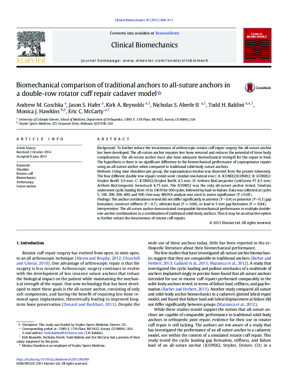 Biomechanical comparison of traditional anchors to all-suture anchors in a double-row rotator cuff repair cadaver model