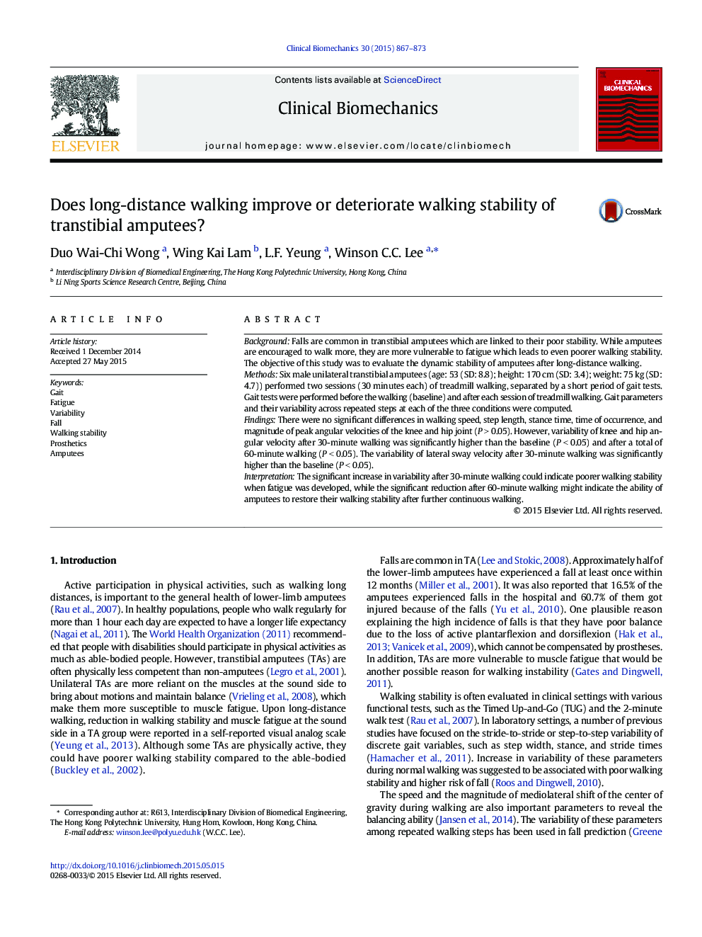 Does long-distance walking improve or deteriorate walking stability of transtibial amputees?