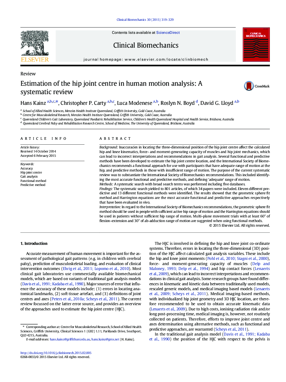 Estimation of the hip joint centre in human motion analysis: A systematic review