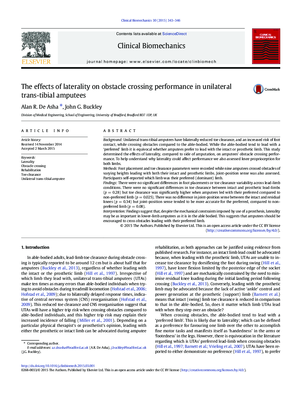 The effects of laterality on obstacle crossing performance in unilateral trans-tibial amputees