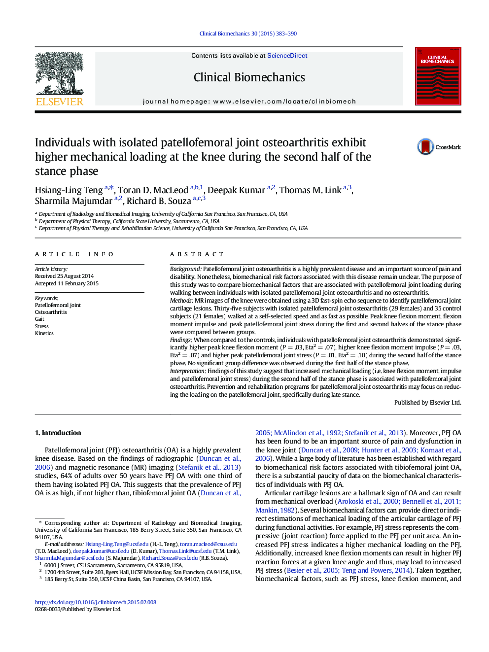 Individuals with isolated patellofemoral joint osteoarthritis exhibit higher mechanical loading at the knee during the second half of the stance phase