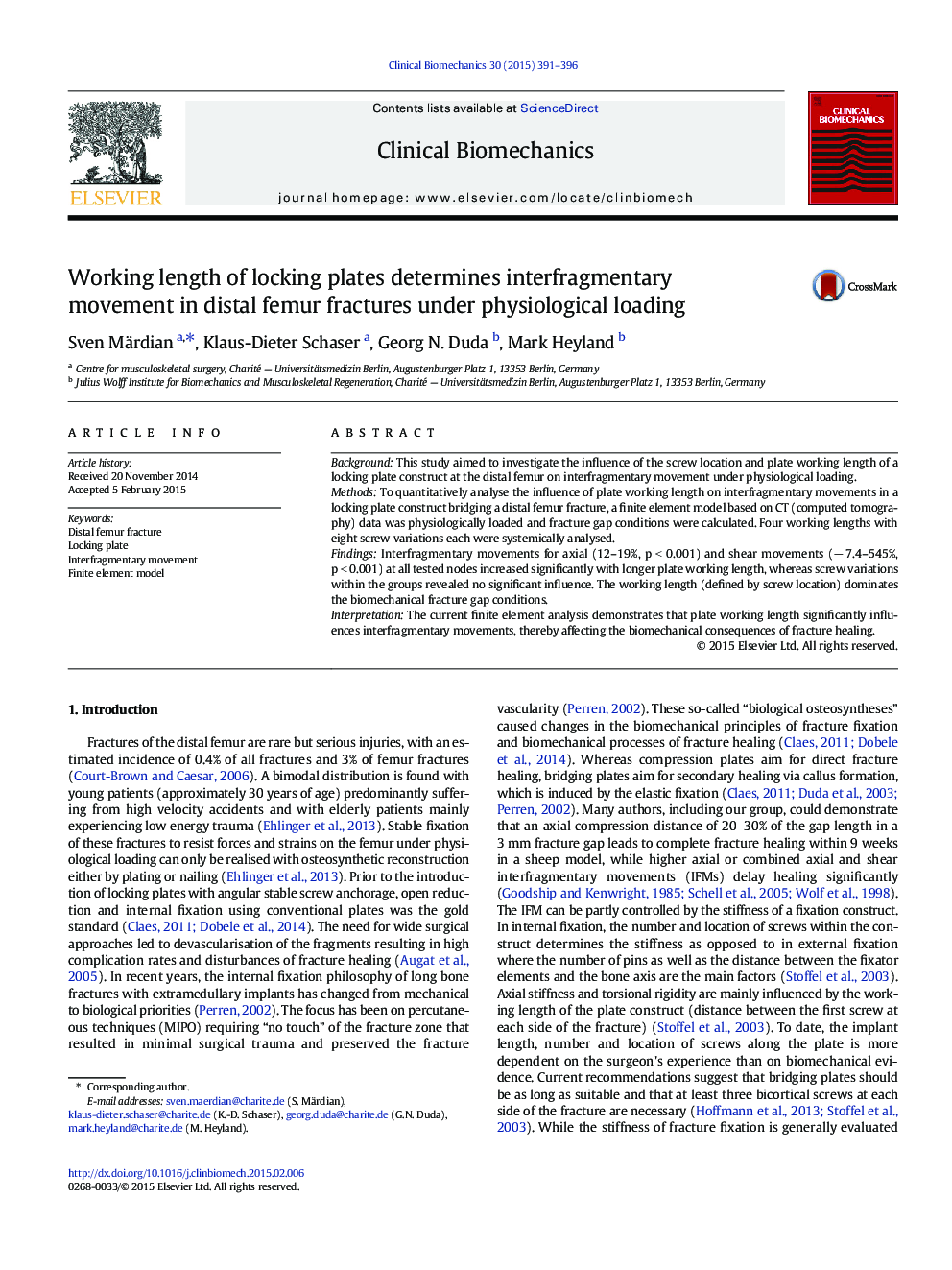 Working length of locking plates determines interfragmentary movement in distal femur fractures under physiological loading