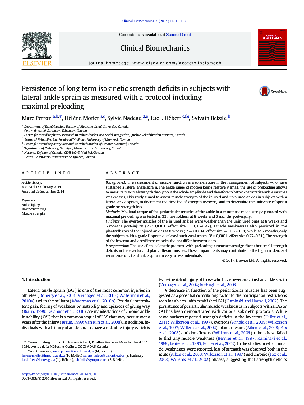 Persistence of long term isokinetic strength deficits in subjects with lateral ankle sprain as measured with a protocol including maximal preloading