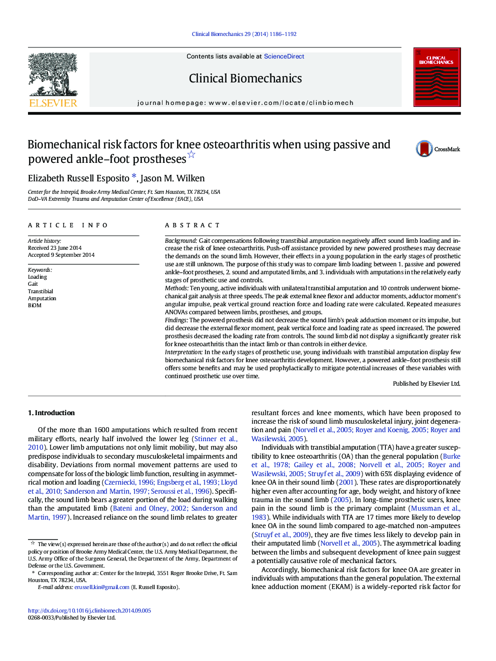 Biomechanical risk factors for knee osteoarthritis when using passive and powered ankle-foot prostheses