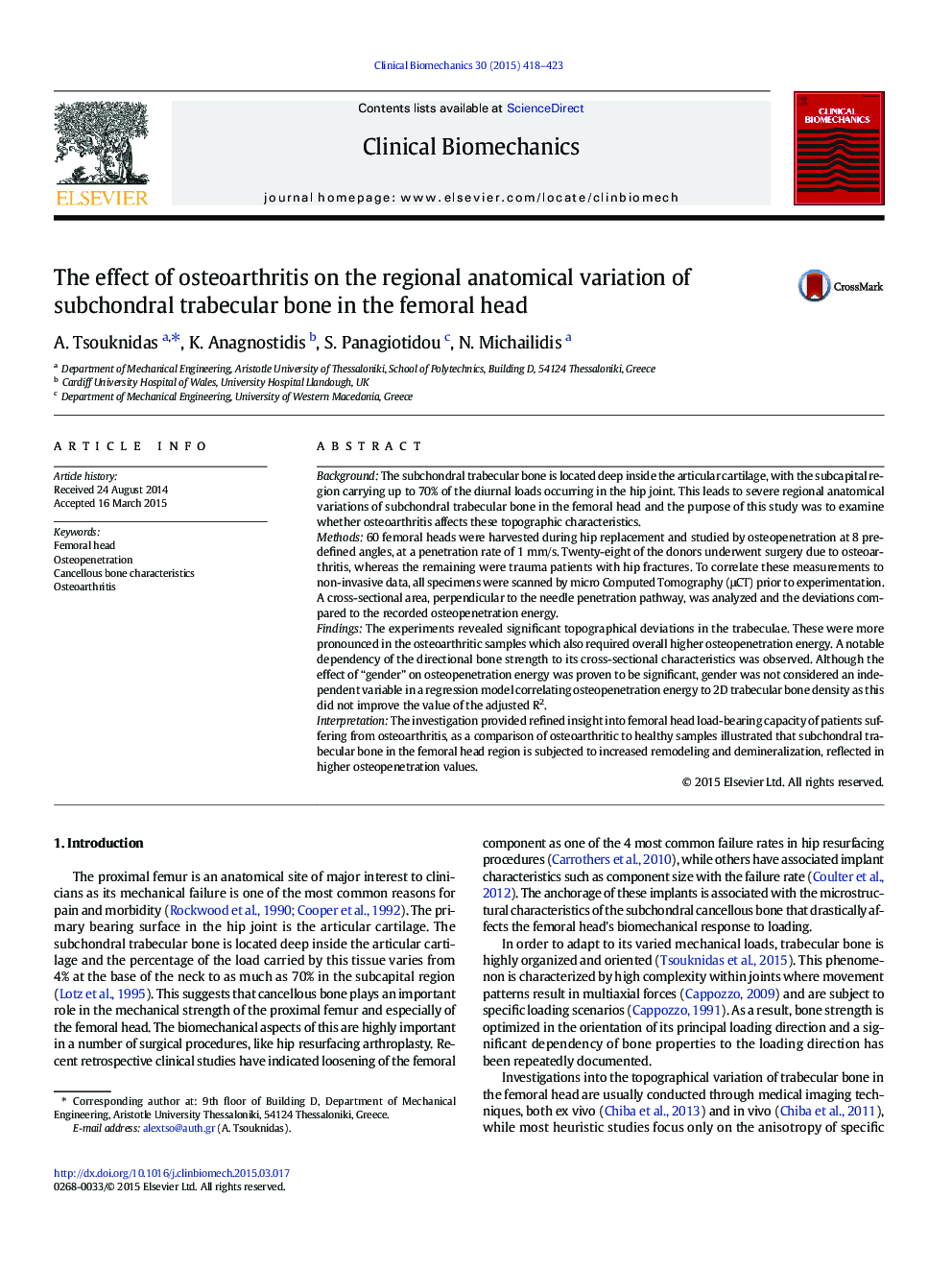 The effect of osteoarthritis on the regional anatomical variation of subchondral trabecular bone in the femoral head