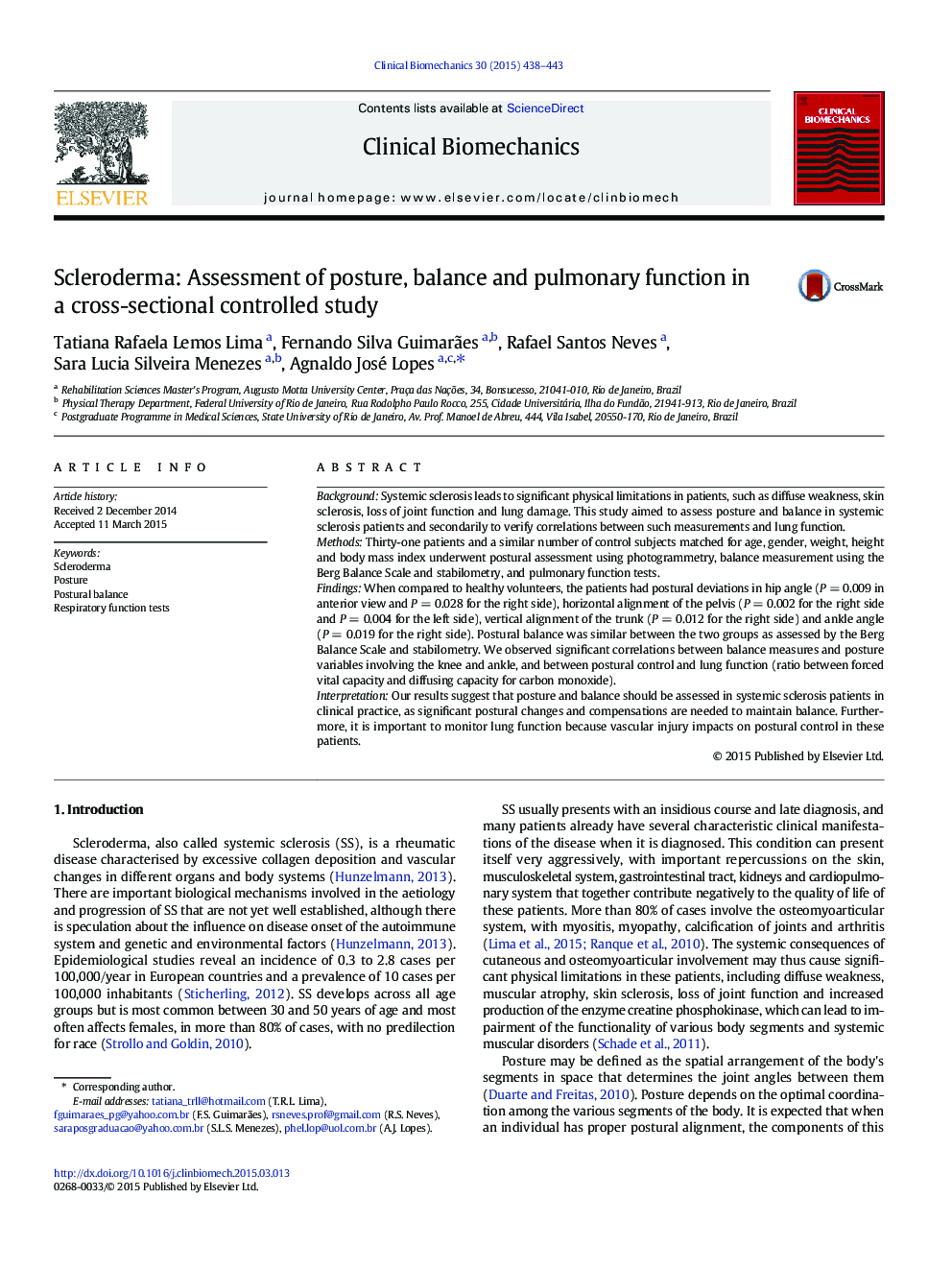 اسکلرودرمی: بررسی وضعیت، تعادل و عملکرد ریوی در یک مطالعه کنترل شده مقطعی 