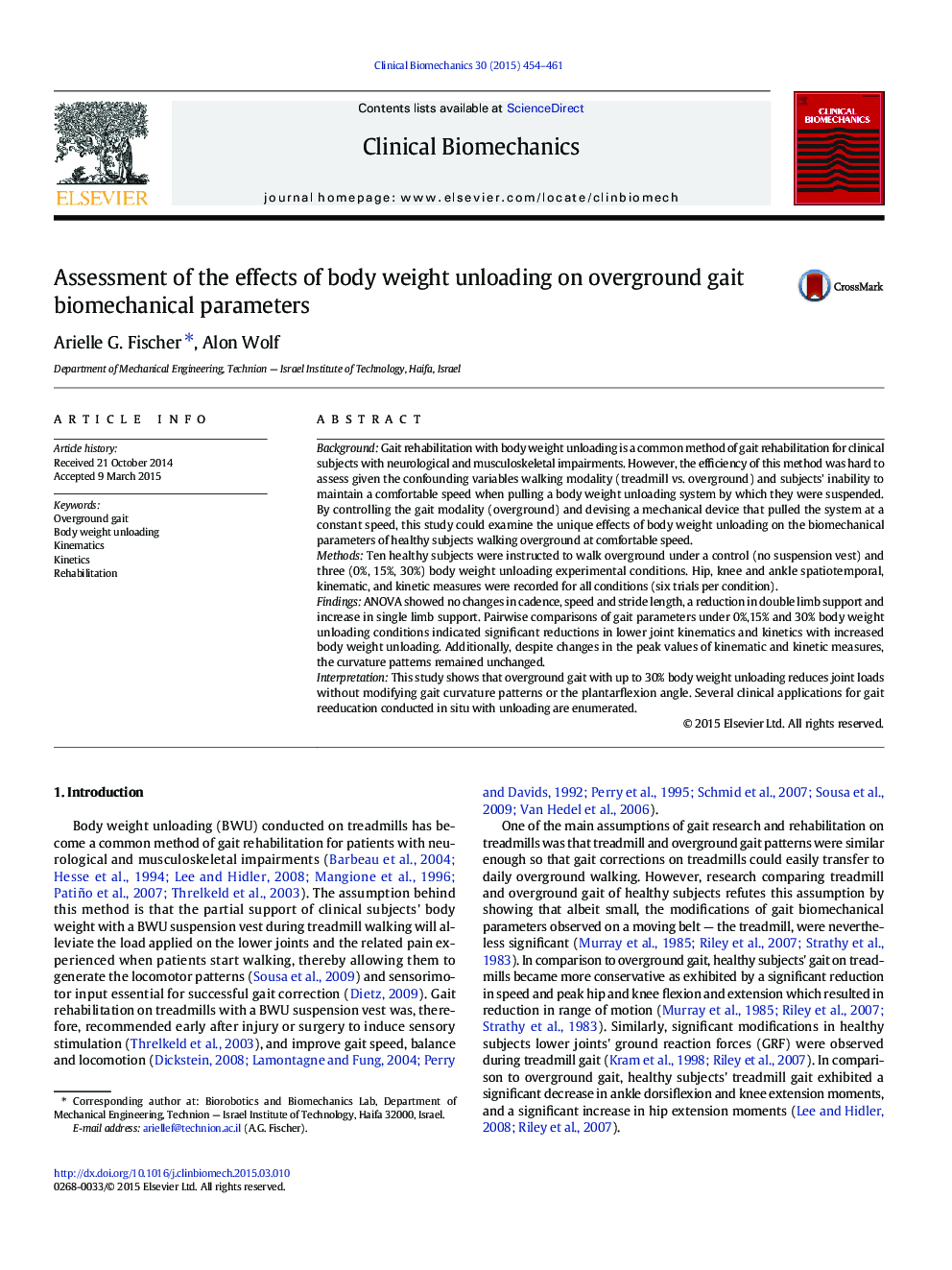 Assessment of the effects of body weight unloading on overground gait biomechanical parameters