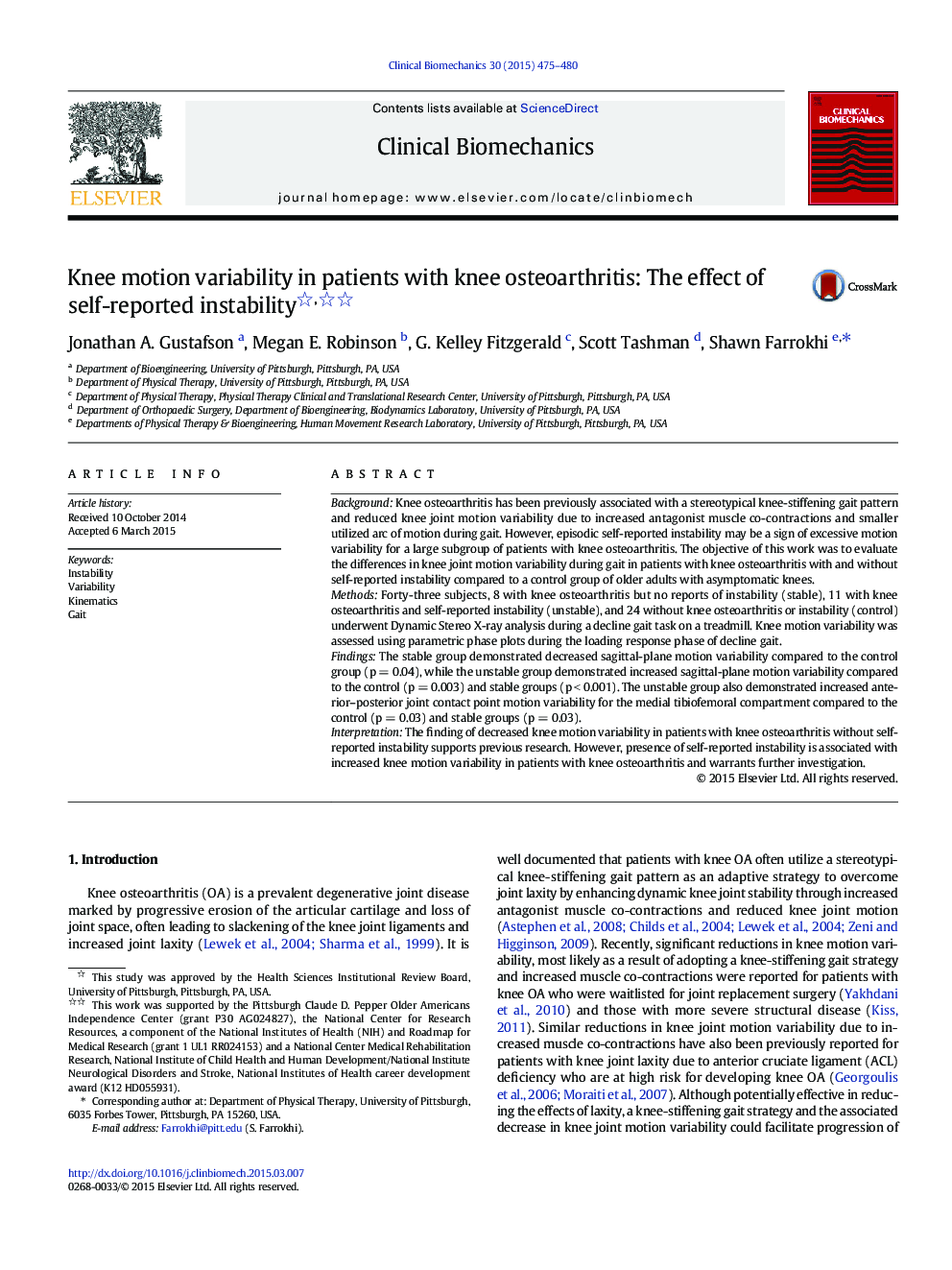 Knee motion variability in patients with knee osteoarthritis: The effect of self-reported instability