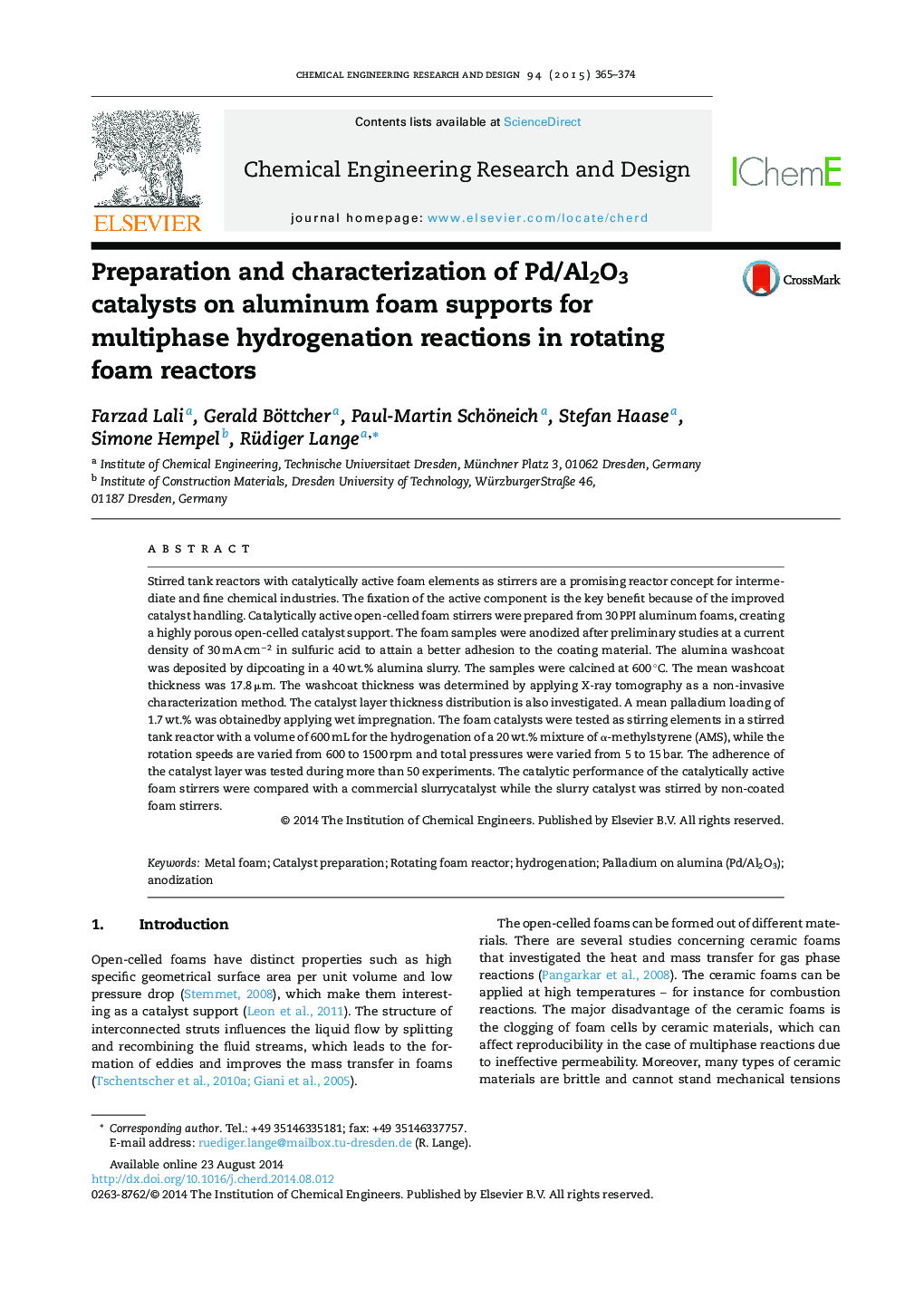 Preparation and characterization of Pd/Al2O3 catalysts on aluminum foam supports for multiphase hydrogenation reactions in rotating foam reactors