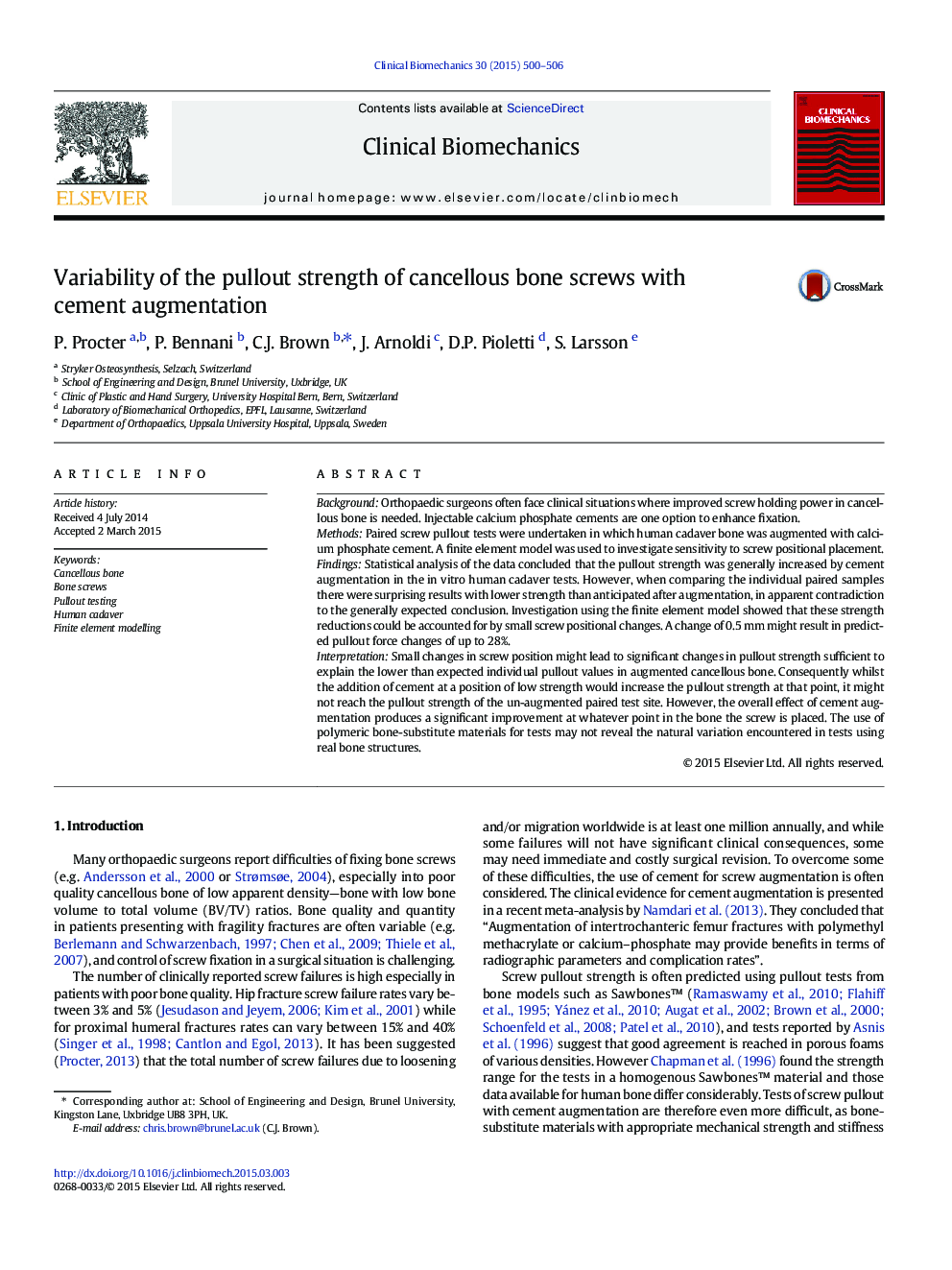 Variability of the pullout strength of cancellous bone screws with cement augmentation