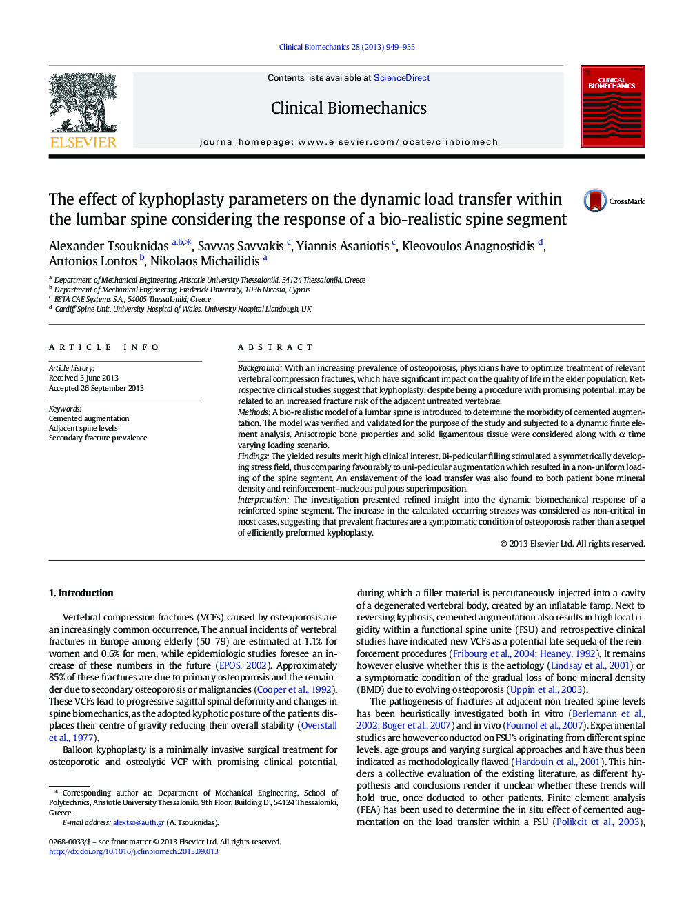 The effect of kyphoplasty parameters on the dynamic load transfer within the lumbar spine considering the response of a bio-realistic spine segment