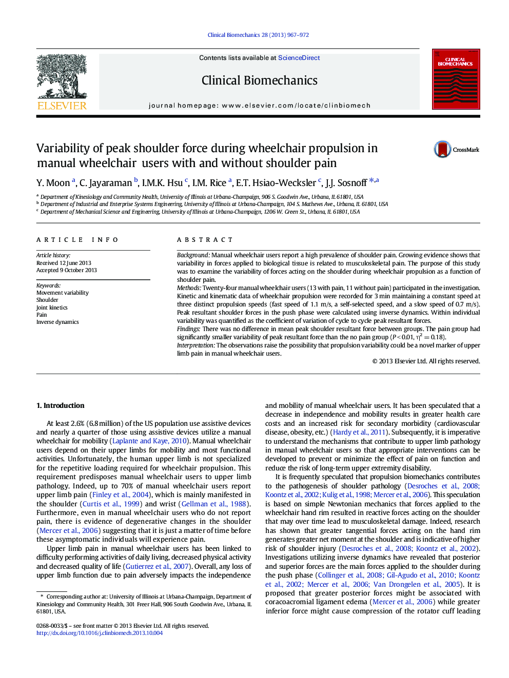 Variability of peak shoulder force during wheelchair propulsion in manual wheelchair users with and without shoulder pain