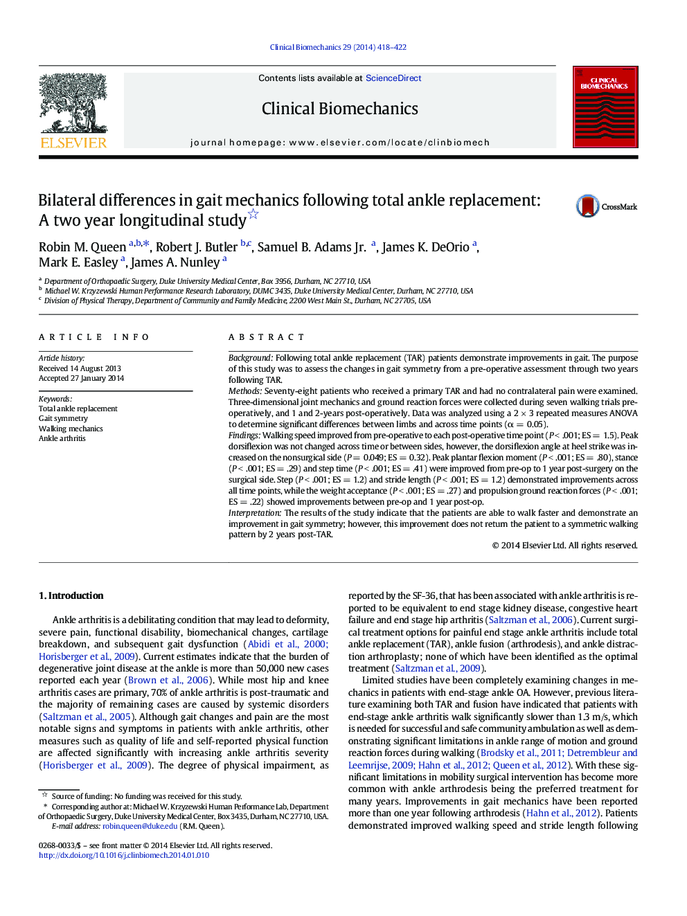 Bilateral differences in gait mechanics following total ankle replacement: A two year longitudinal study