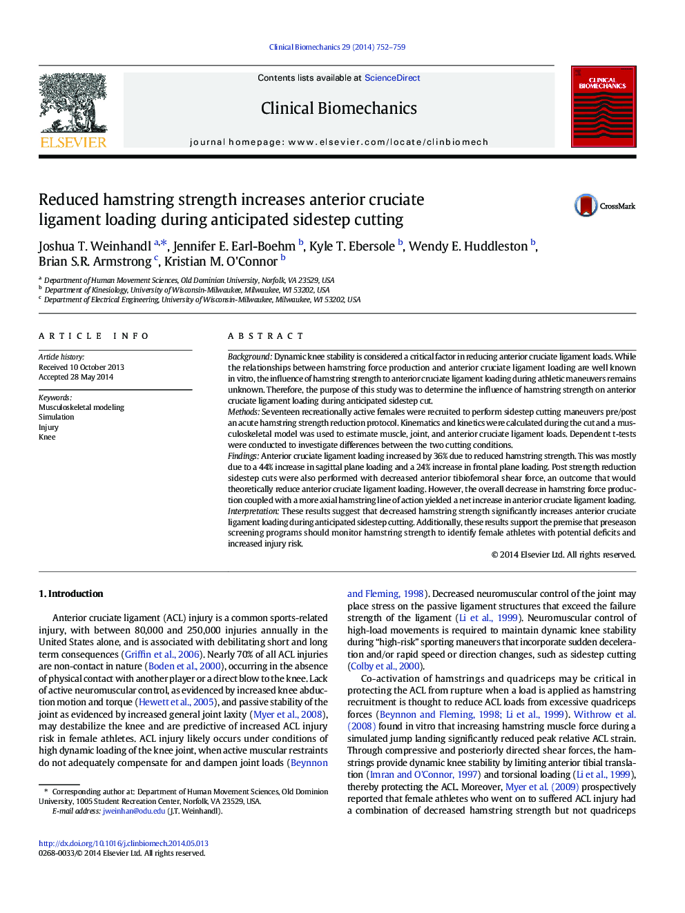 Reduced hamstring strength increases anterior cruciate ligament loading during anticipated sidestep cutting