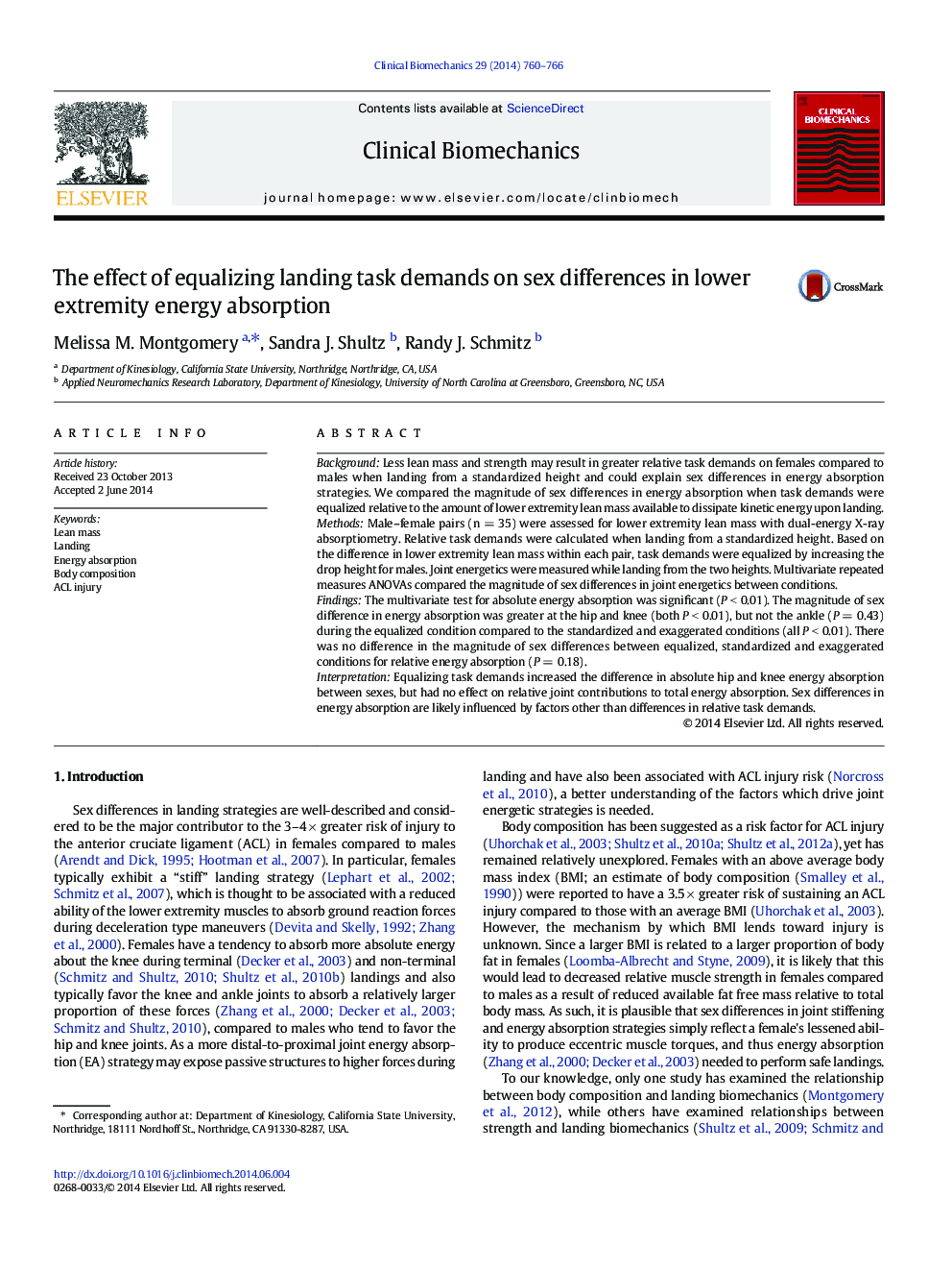 The effect of equalizing landing task demands on sex differences in lower extremity energy absorption