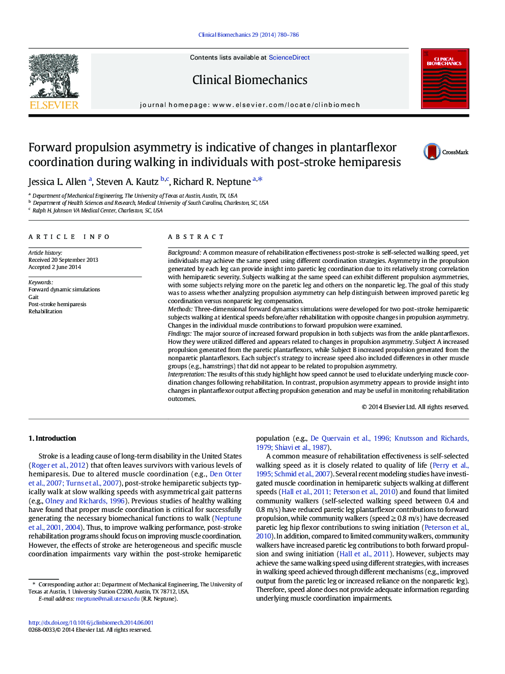 Forward propulsion asymmetry is indicative of changes in plantarflexor coordination during walking in individuals with post-stroke hemiparesis