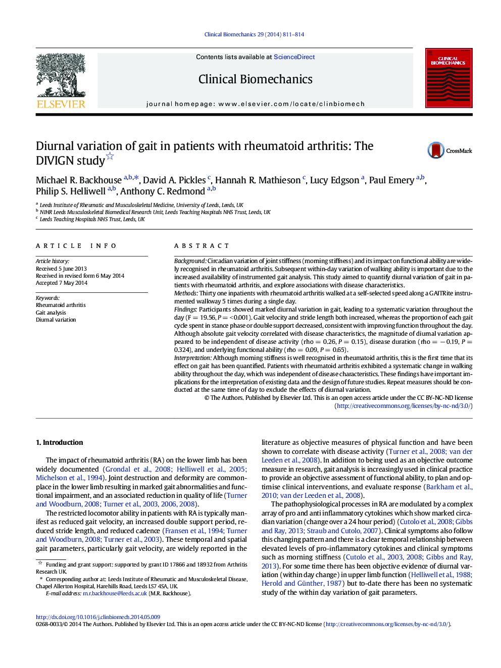 Diurnal variation of gait in patients with rheumatoid arthritis: The DIVIGN study