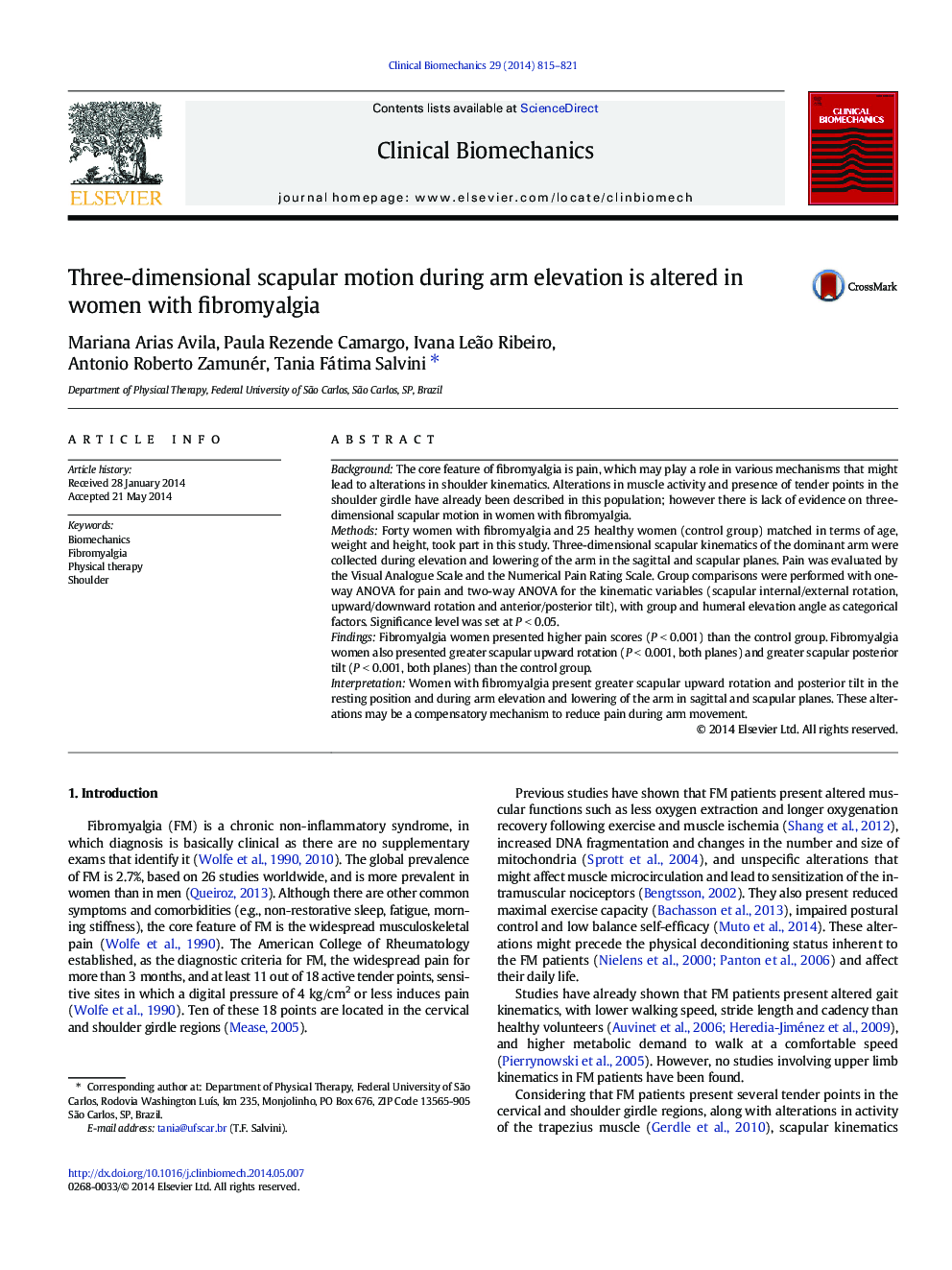 Three-dimensional scapular motion during arm elevation is altered in women with fibromyalgia