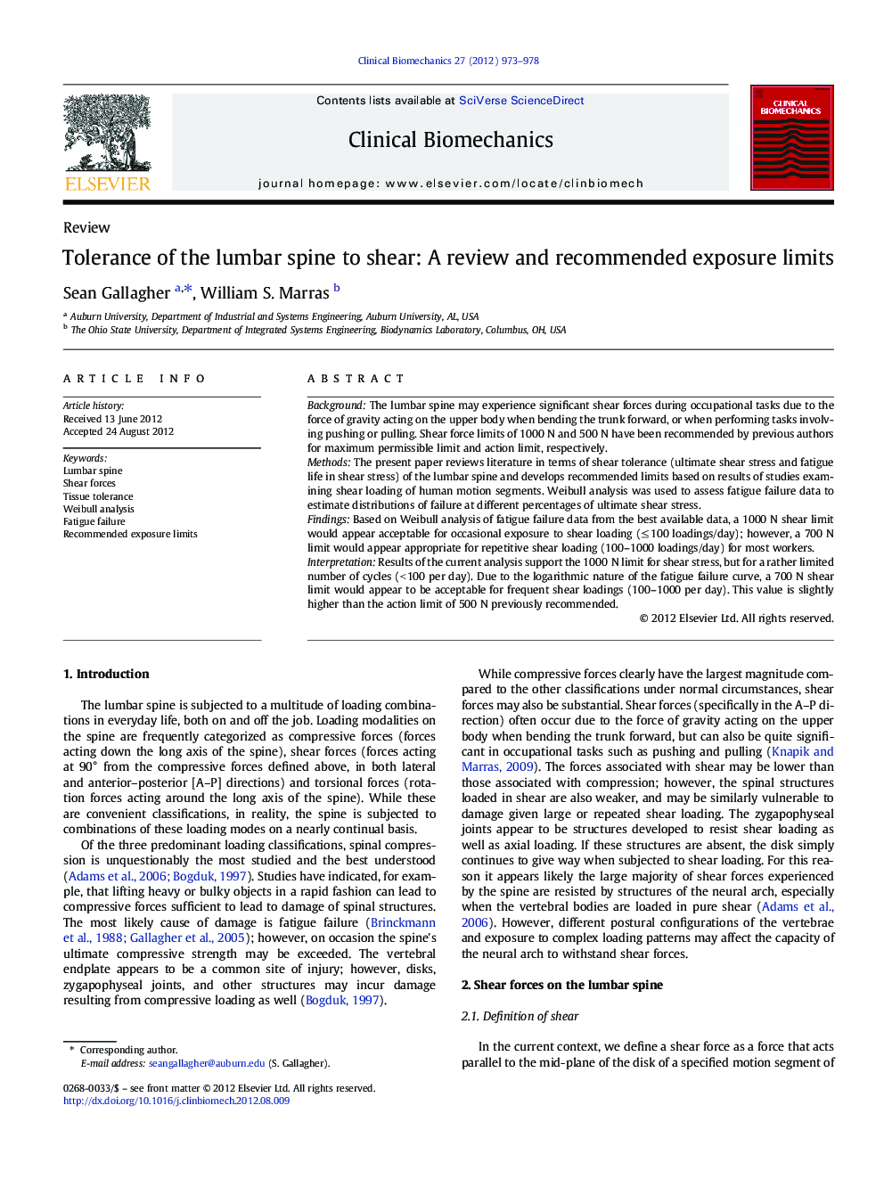 Tolerance of the lumbar spine to shear: A review and recommended exposure limits